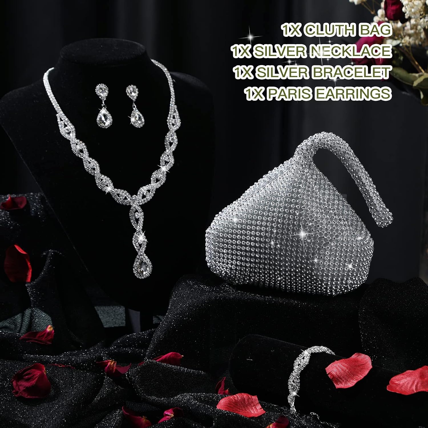 Meanplan 4 Pcs Silver Clutch Purse Jewelry Set for Women Rave Accessories Evening Rhinestone Purse Silver for Bride Wedding