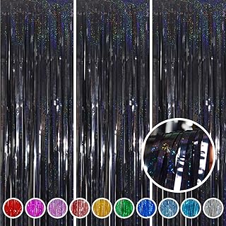 Foil Fringe Curtains Party Decorations - Melsan 3 Pack 3.2 x 8.2 ft Tinsel Curtain Party Photo Backdrop for Birthday Party Baby Shower or Graduation Decorations Black