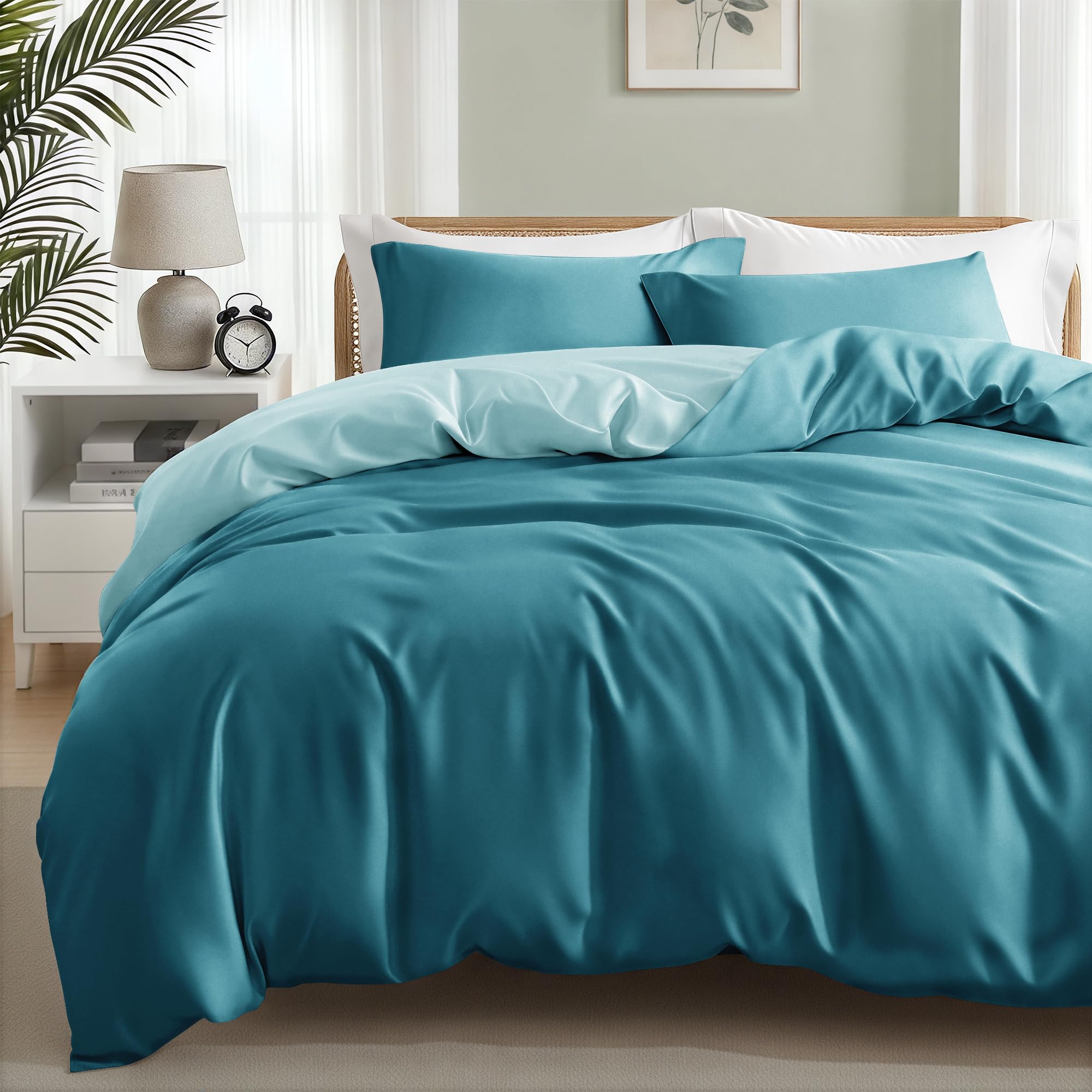 Exclusivo Mezcla King Duvet Cover Sets - 3 Pcs Pre Washed Bedding Set with Zipper Closure and Corner Ties, Reversible Brushed Microfiber Quilt Cover with 2 Pillowcases, Teal/Light Green
