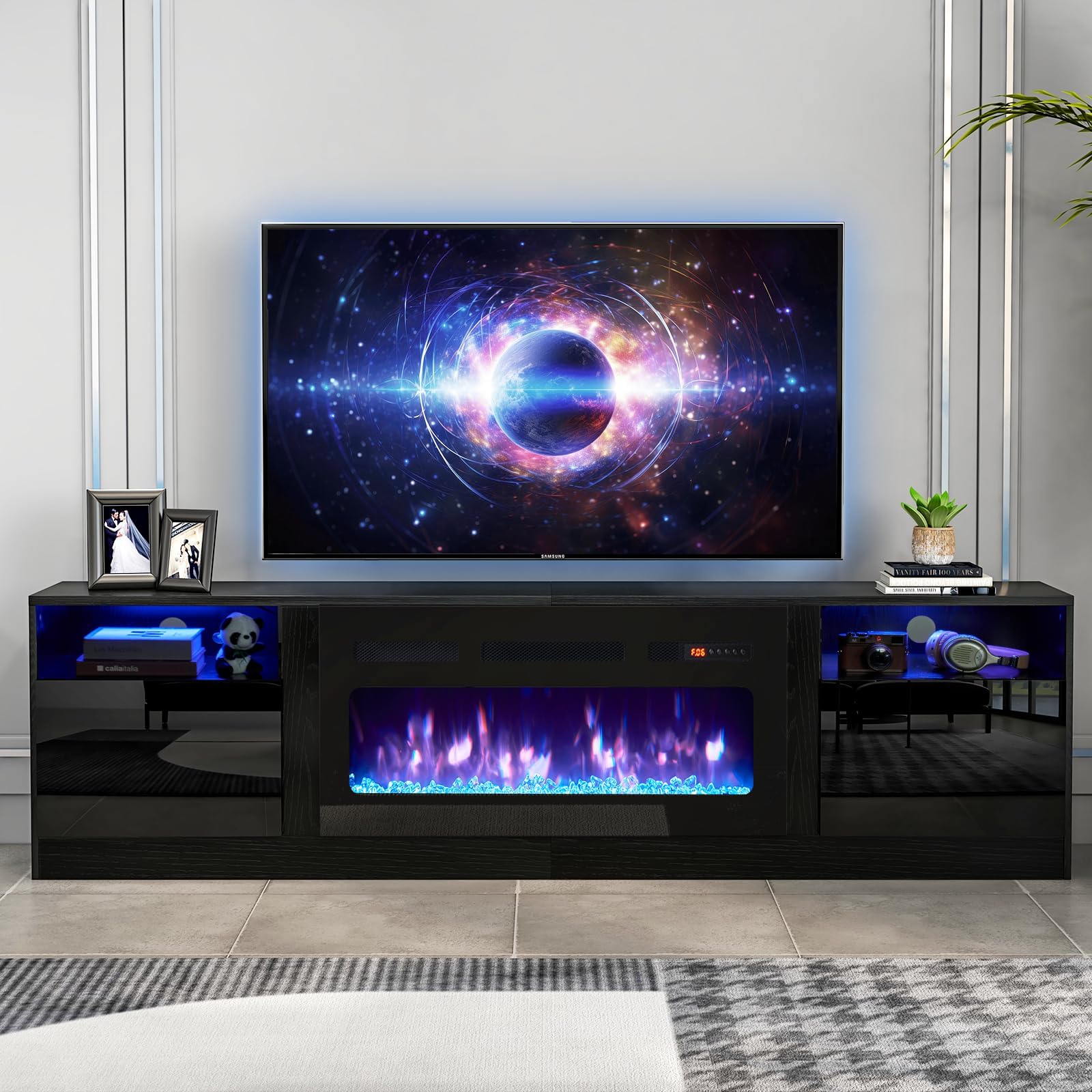 oneinmil 80” TV Stand with 36” Electric Fireplace, Large Modern Media Entertainment Center with Storage Cabinet and 12 Colors LED Lights for TVs Up to 90", Black+Black 80" Black & Black