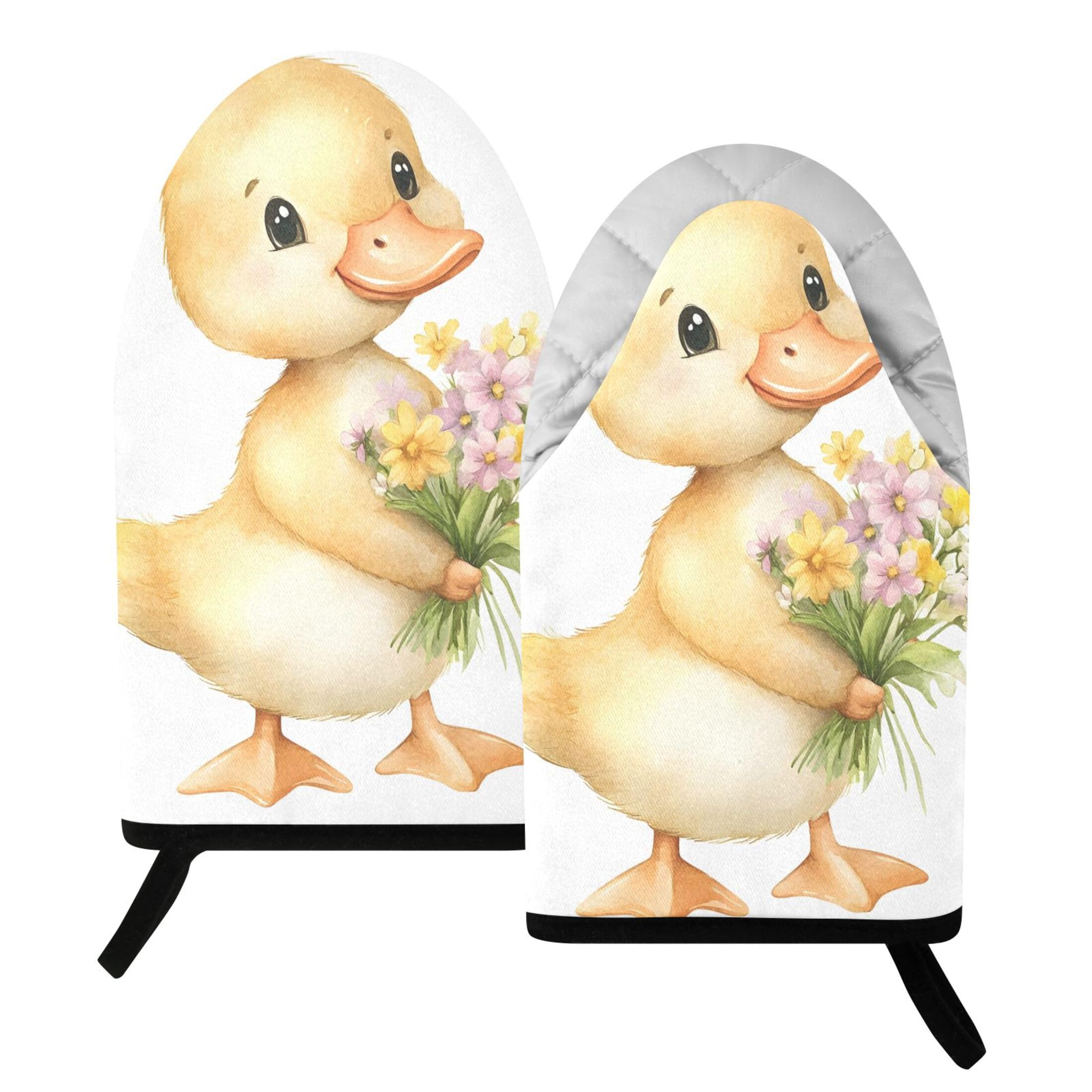 Kutsu Cute Duck Holding Flower Oven Mitts for Kitchen, Heat Resistant Cotton Oven Gloves for BBQ Baking Cooking, Breathable Kitchen Essentials, 2 pcs