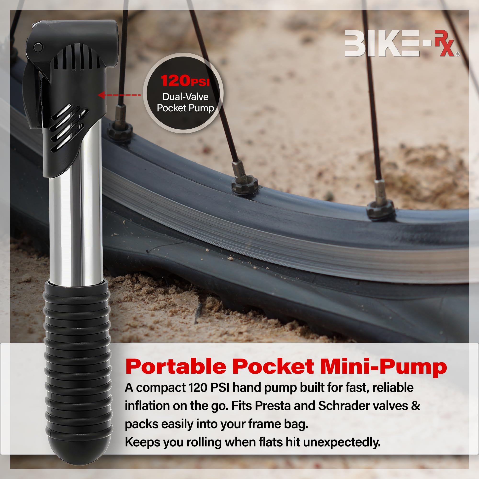 Bike Rx Bike Repair Kit Tool Bag – 16-in-1 Multitool, 120PSI Mini Pump, Tire Levers, Patches, Easy Bike Maintenance Kit for BMX, Road, Mountain, & E-Bikes, Portable Tool Kit for Emergencies & Repairs