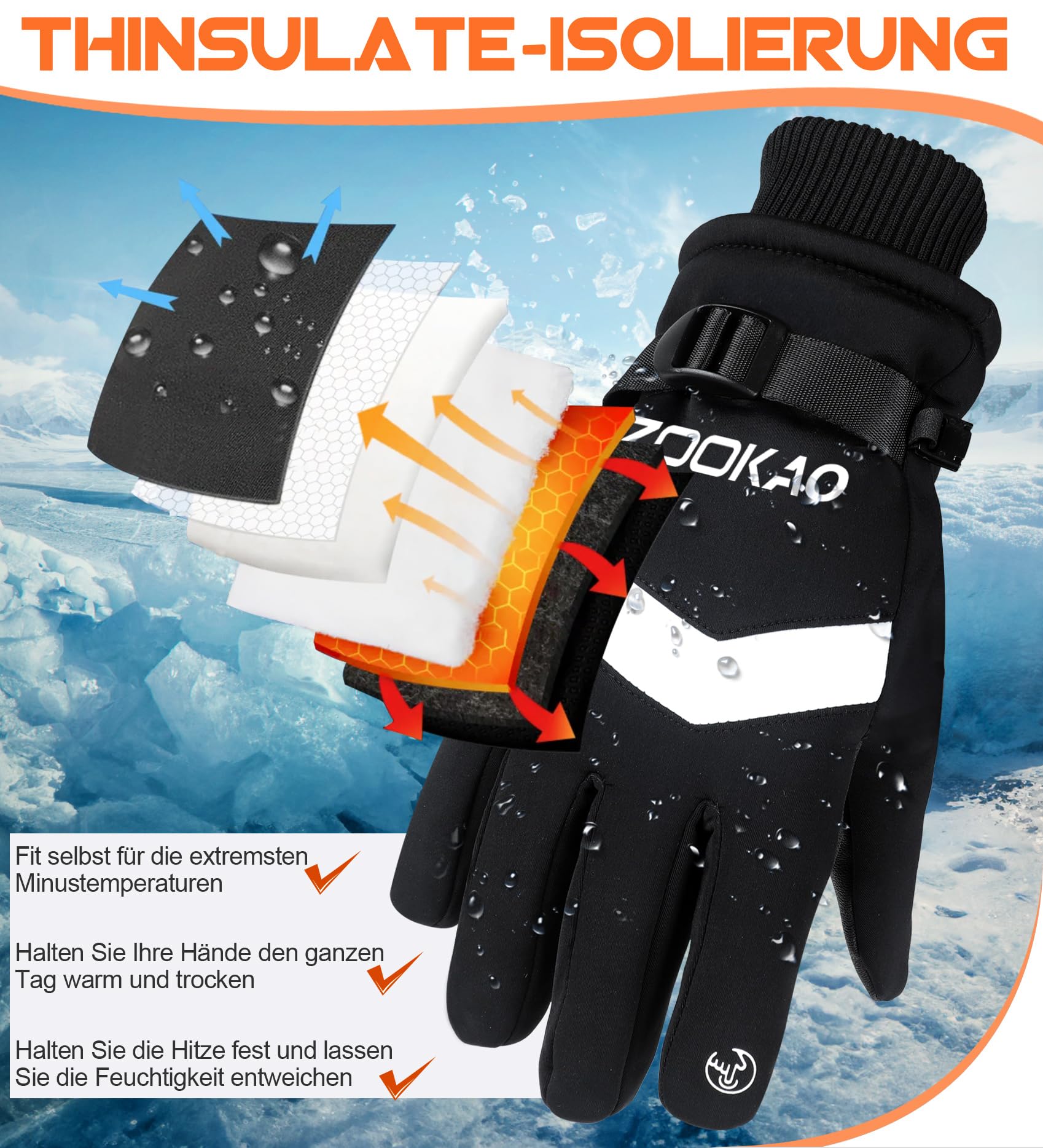 Zookao Winterhandschuhe Herren Damen, Fahrradhandschuhe Touchscreen Handschuhe, rutschfeste Leichte Skihandschuhe Thermohandschuhe zum Laufen Radfahren Skifahren WandernOutdoor-Aktivitäten Fashion