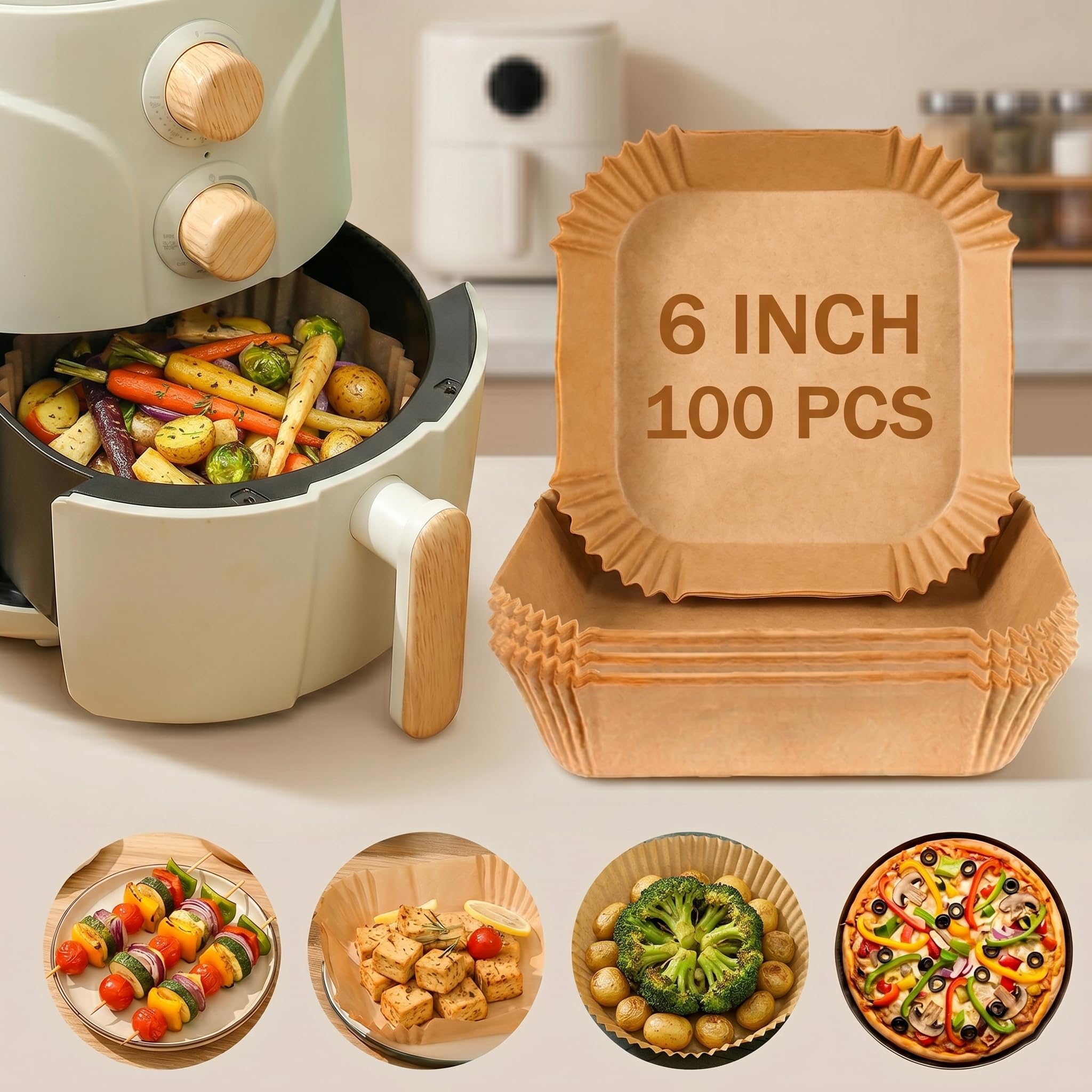 DOOMSDAY Air Fryer Disposable Paper Liners (6 & 8 Inch | Round & Square) | 100 Pcs Non-Stick Parchment Sheets | Oil Proof, Heat Resistant Baking Liners for Air Fryer Oven Microwave (6 Inch, Square)-image-46