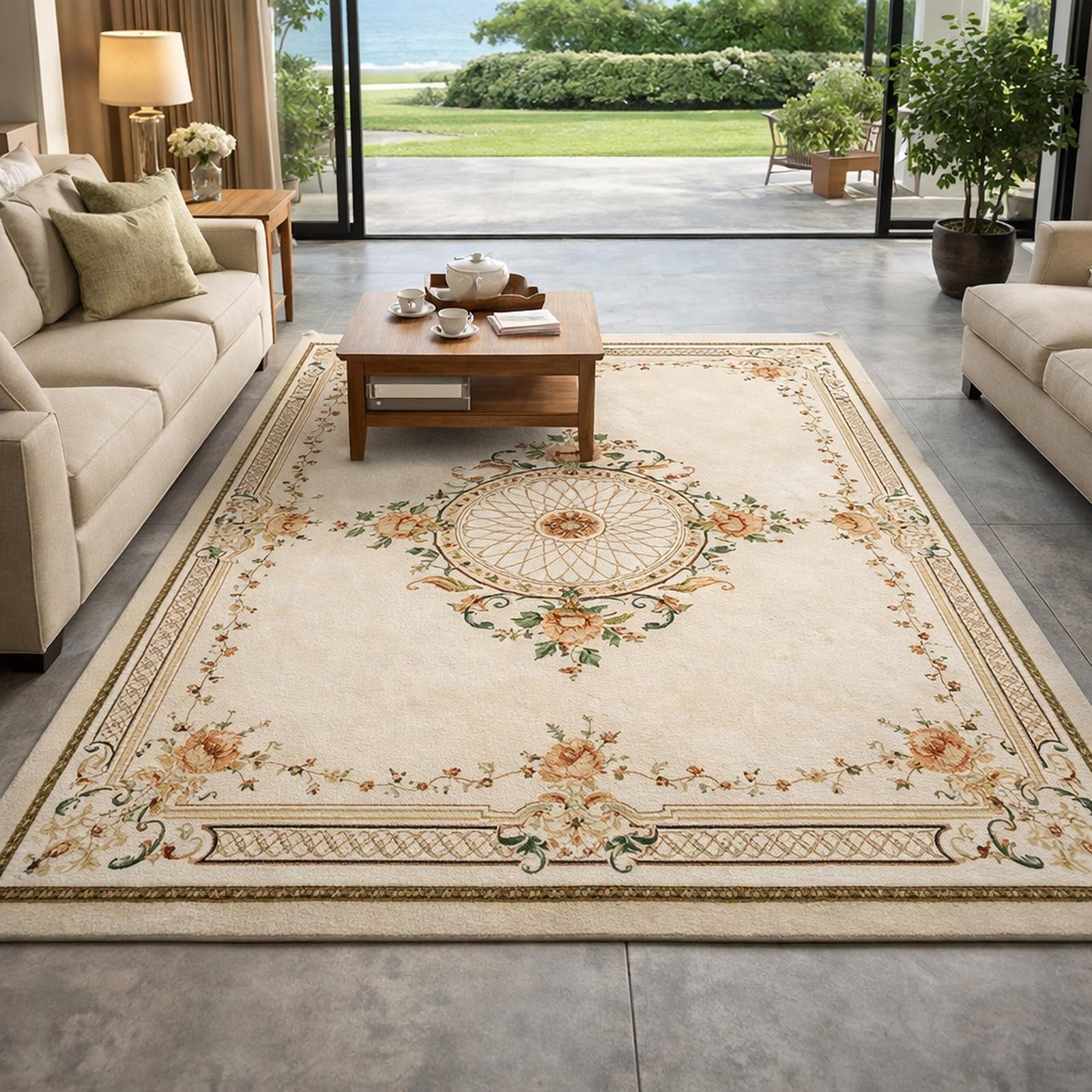 Generisch Dywan do salonu, w stylu retro, wzór kwiatowy, beżowy, zielony, pomarańczowy, czerwony, 150 x 200 cm, do salonu, jadalni, gabinetu, dywanik nocny, sypialnia