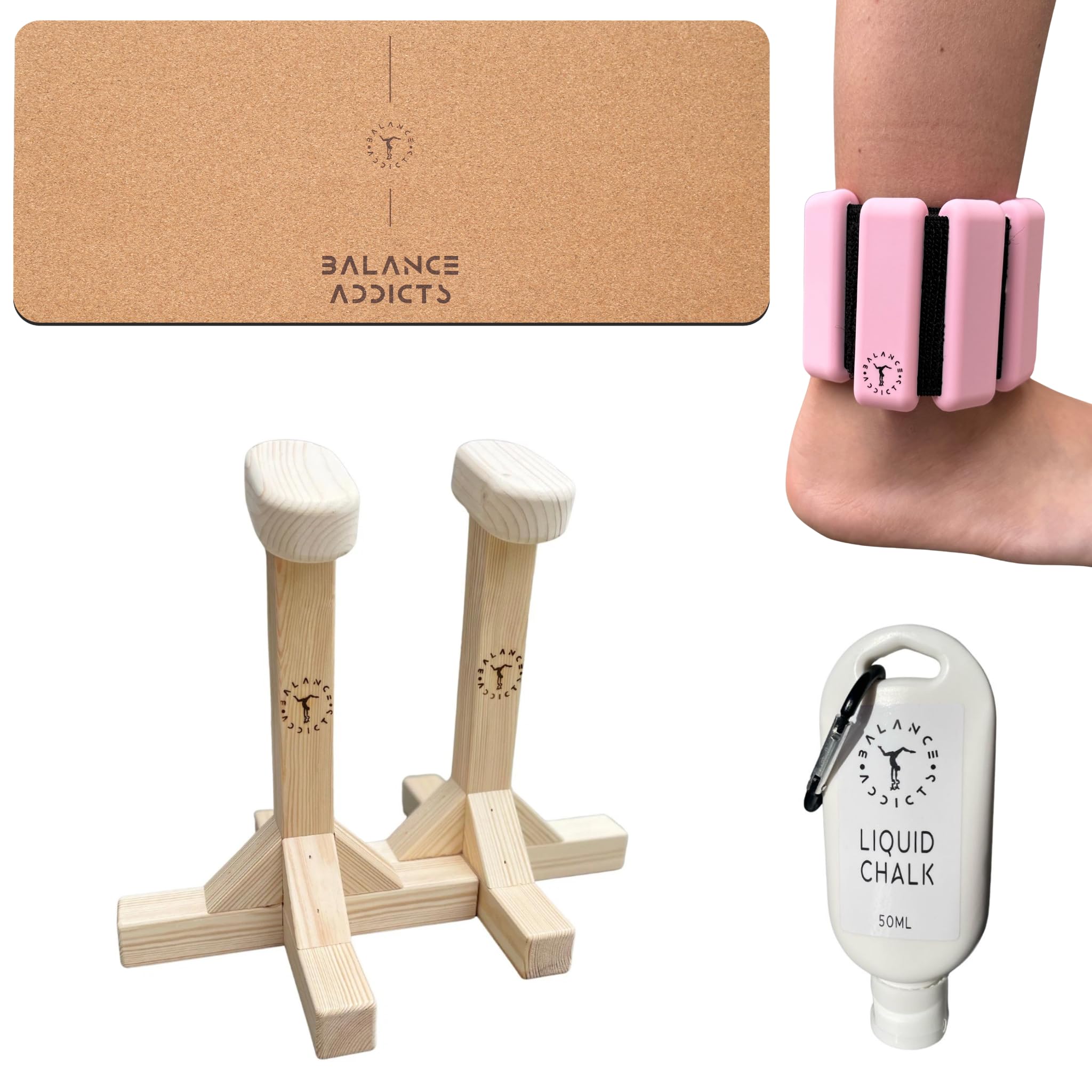 Balance Addicts Ultimate Gymnastics Handstand Bundle - Includes: Pair of Handstand Acro Canes, Ankle Weights, 50ml Liquid Chalk & Cork Handstand Base, For Acro Gymnasts Of Any Age