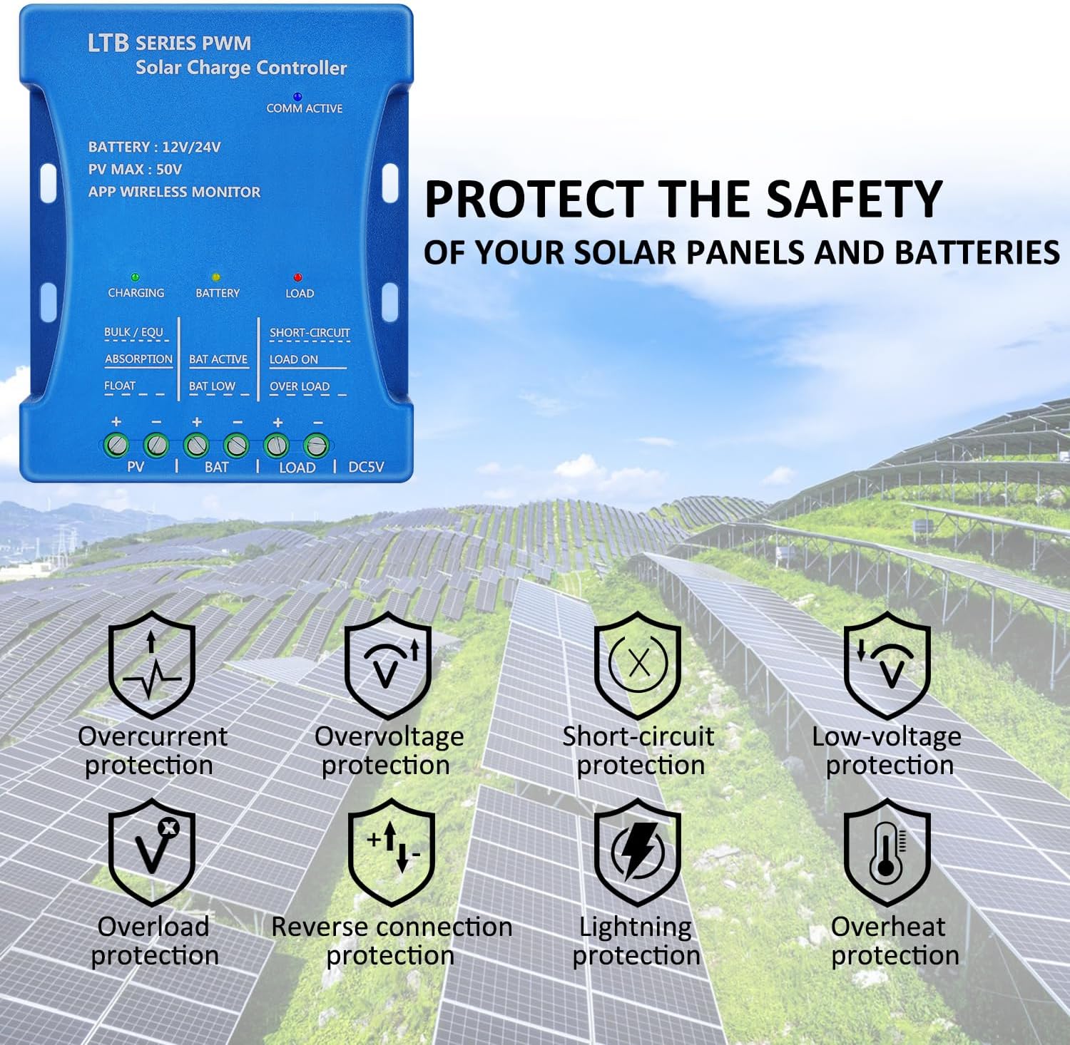 20A Bluetooth Solar Charge Controller 12V/24V Auto Matching Controller with APP Remote Monitor Intelligent PWM Solar Panel Regulator for Sealed, Gel, Flooded, LiFePO4, Lithium Batteries 7 Load Modes