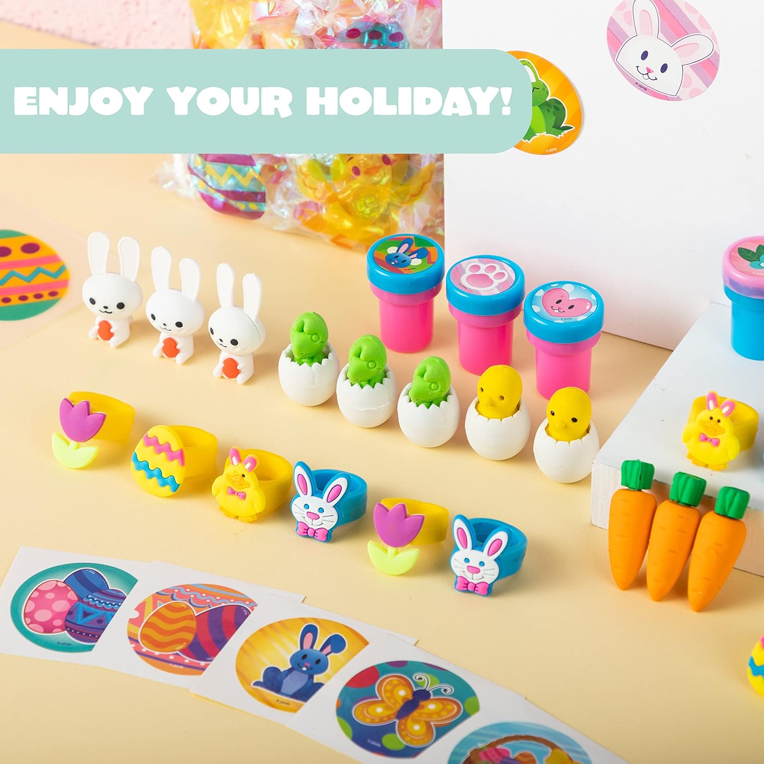 JOYIN 72 Pcs Easter Party Favors Set, 12 Packs Assorted Goody Bags with Rings/Sticker, Foam Stickers, Stampers for Kids Gift, Easter Egg Hunt, Basket Stuffers