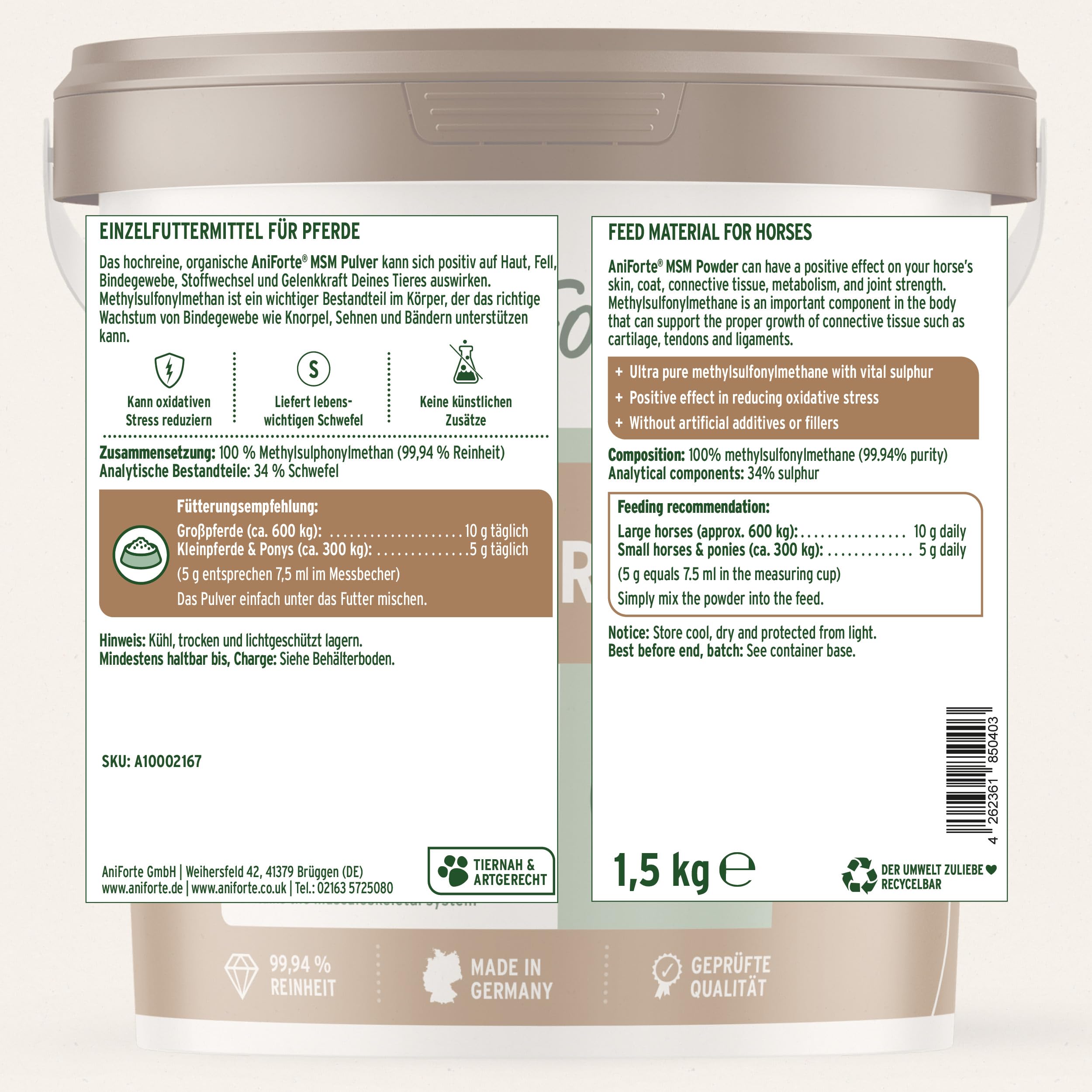 AniForte MSM Pulver für Pferde 1,5 kg – Hochreines Methylsulfonylmethan, Hochdosiert mit Reinheitsgrad 99,94%, organischer Schwefel als Gelenkpulver, höchste Qualität