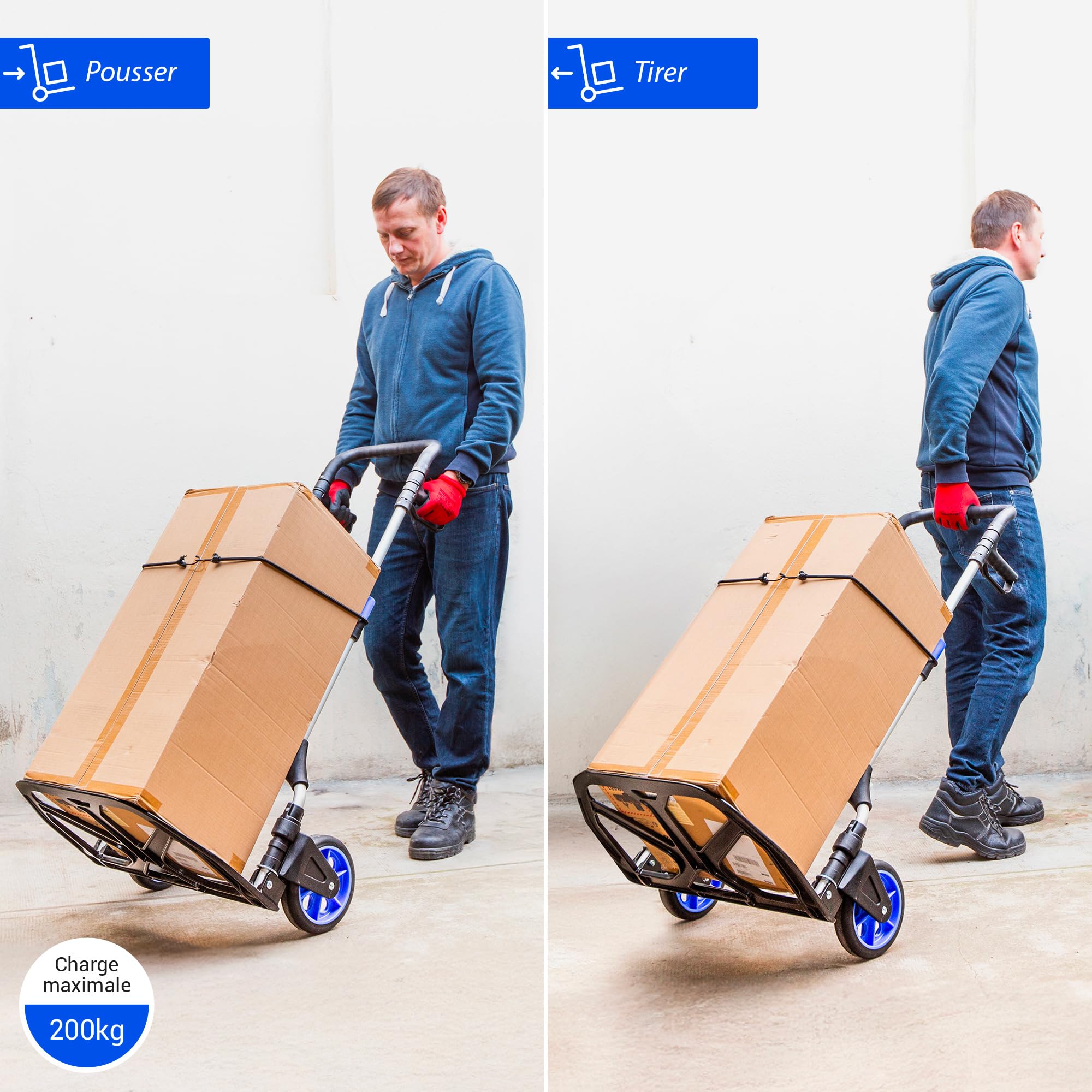 HOSTRÖM Diable Pliant Aluminium pour Charge Lourde, Diable Pliable Demenagement, Transport matériau, Grandes Roues, Charge Max. 200kg, Garantie 5 Ans