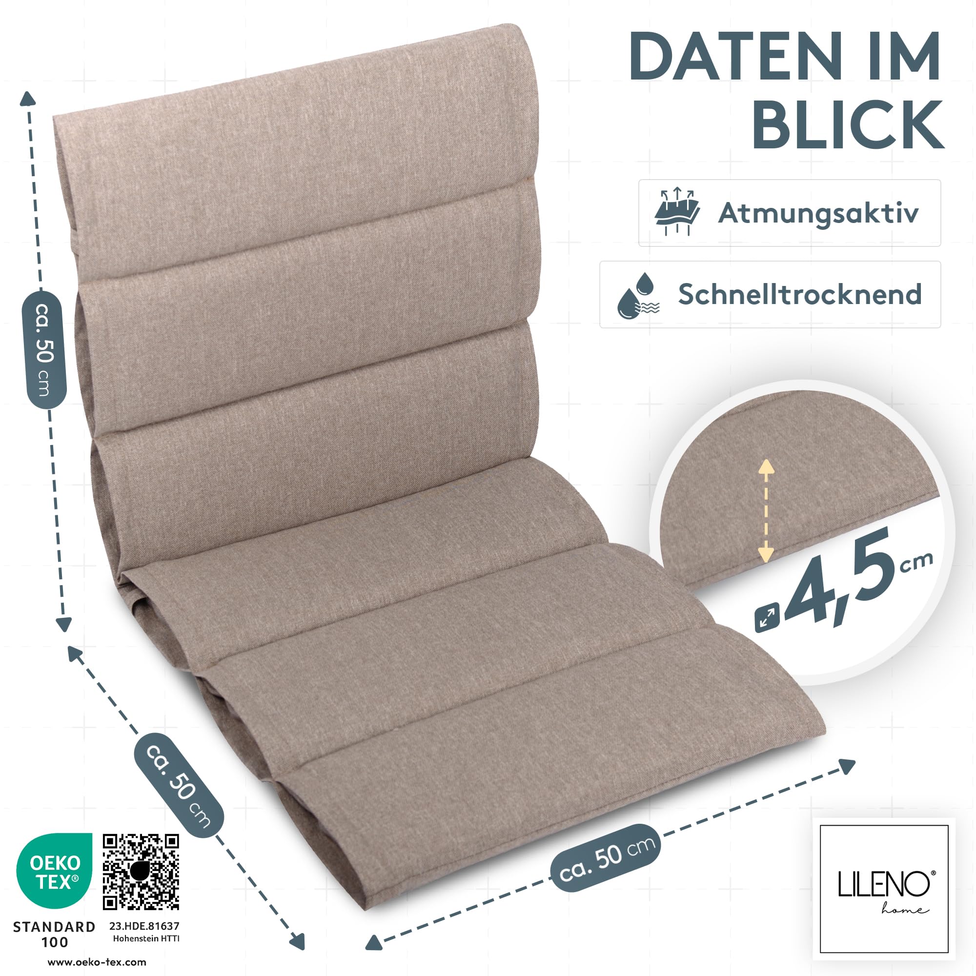 LILENO HOME Gartenstuhl Auflagen als [2er Set - Niedriglehner] in Taupe - Bequeme Liegen als Sitzauflagen für Gartenmöbel - Stuhlkissen für Gartenstühle und Klappstühle
