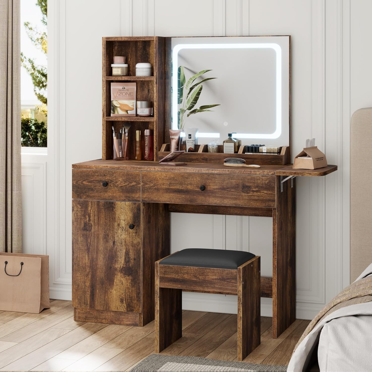 IDEALHOUSE Vanity Desk with Mirror & Light, Large Storage Space with 2 Drawers and 3 Tiers of Open Shelves, 3 Lighting Modes Adjustable Brightness, Bedroom Dressing Table, Brown- INCOMPLETE