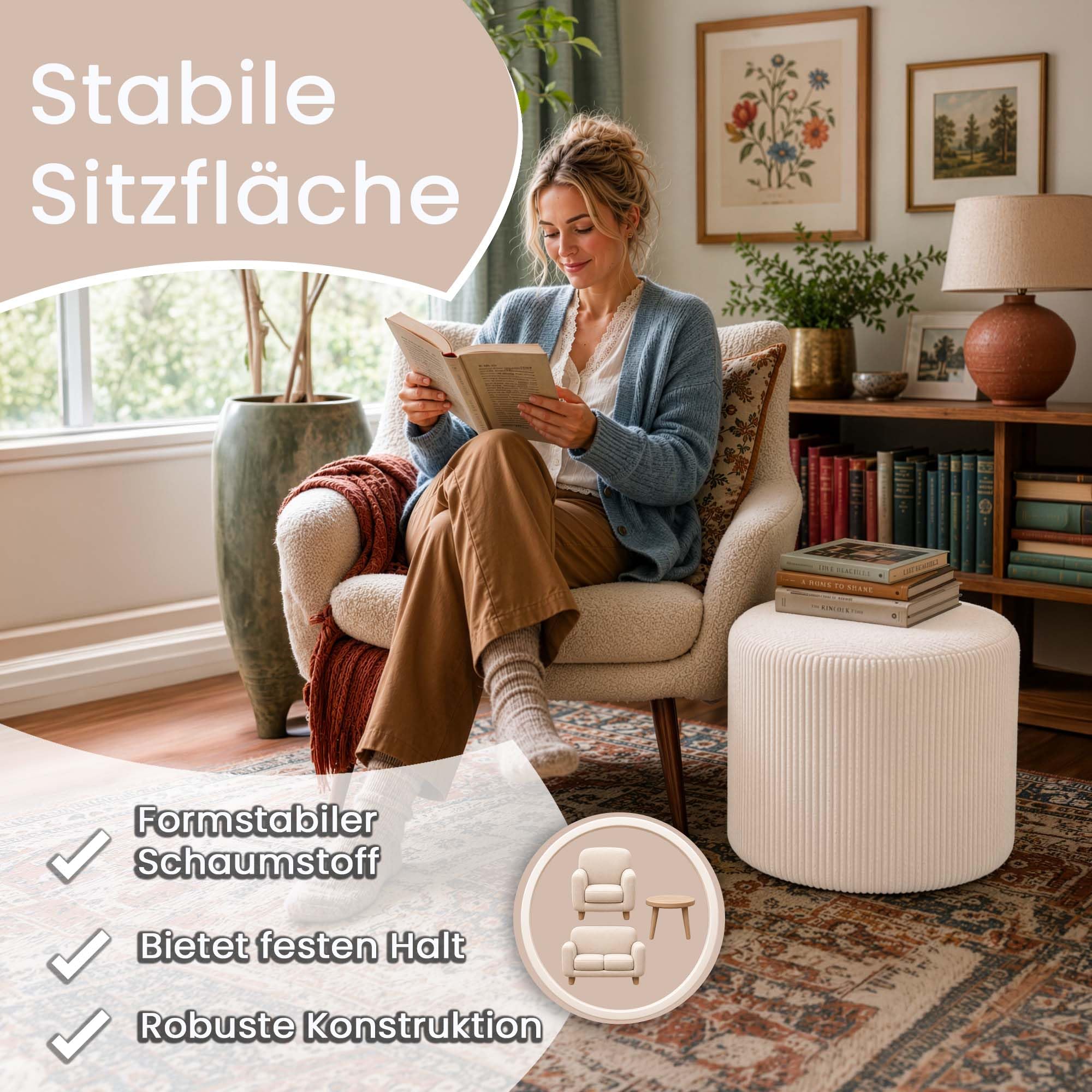 DreamRoots Cord Hocker Pouf, Rund Ø40x40 cm, Cremefarben
