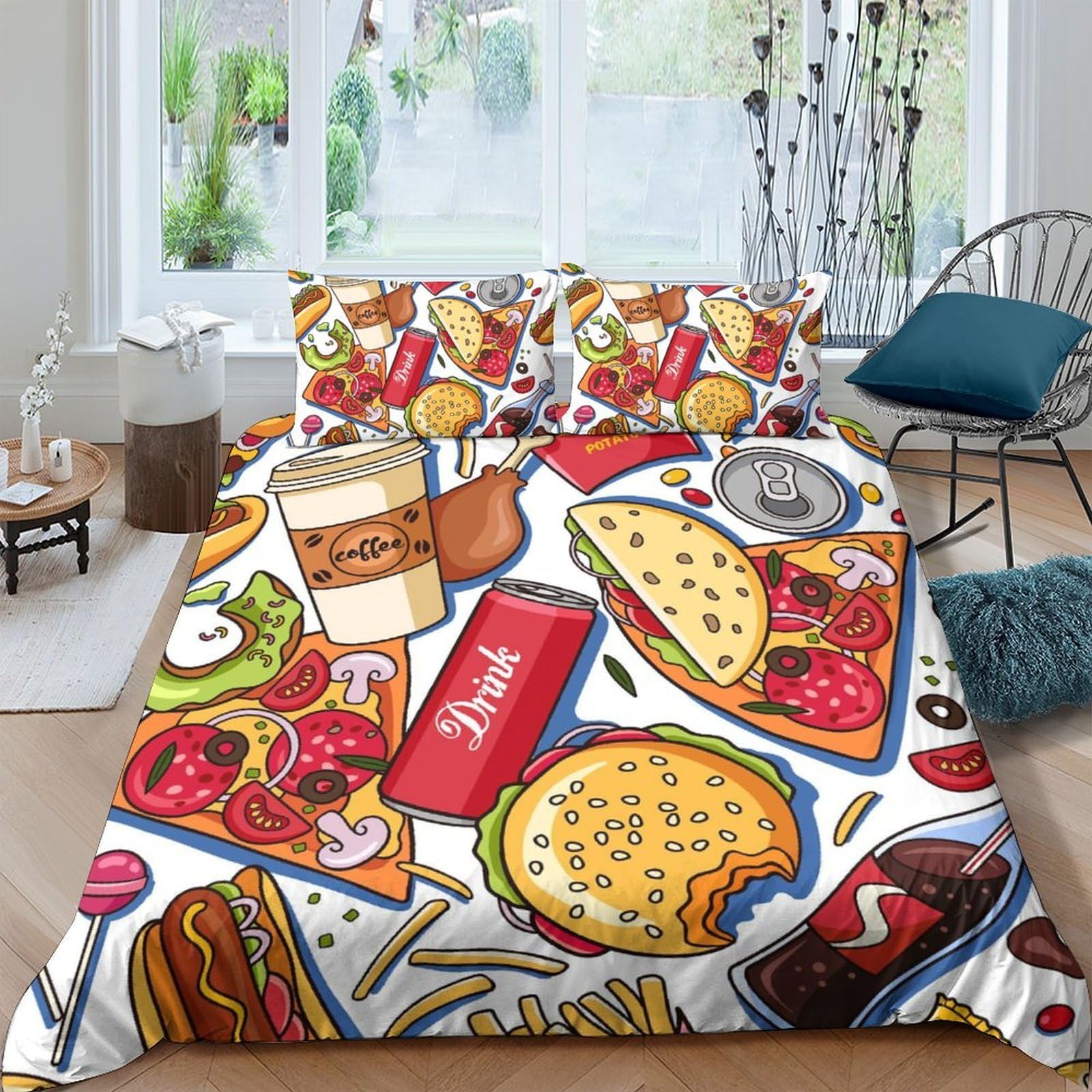 GPLZQXKJNH 3D Printed Fast Food Duvet Cover Set Microfiber Soft Pizza Burger Bedding with 2 Pillowcases for Bedroom Decor Single（135x200cm）