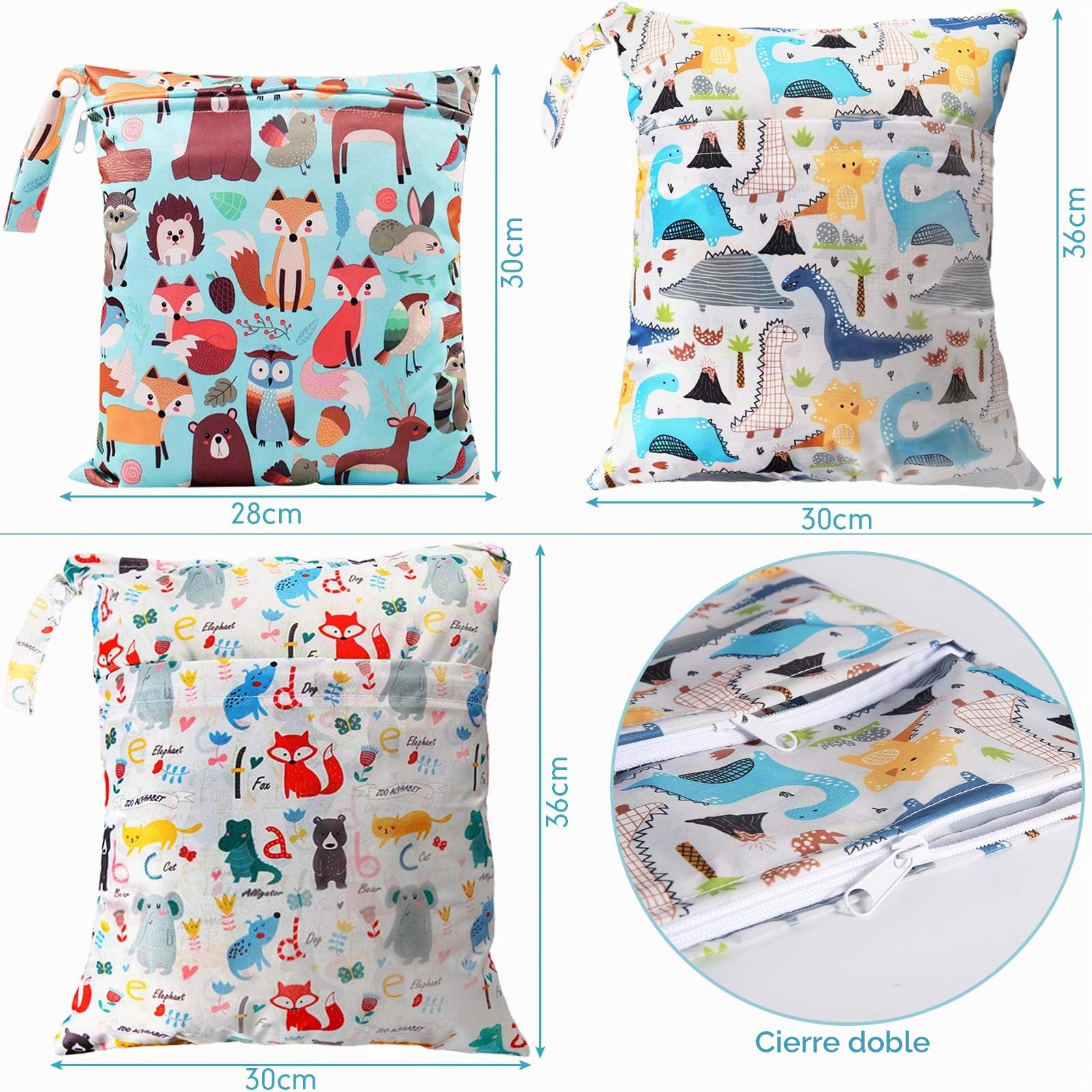 3PCS Bolsa de Pañales,Reutilizable Wetbag, Bebé Impermeabilizan Bolsa con Cremallera Impermeable para Mamá, Wetbag Portátil Organizador de Viaje, Playa, Gym