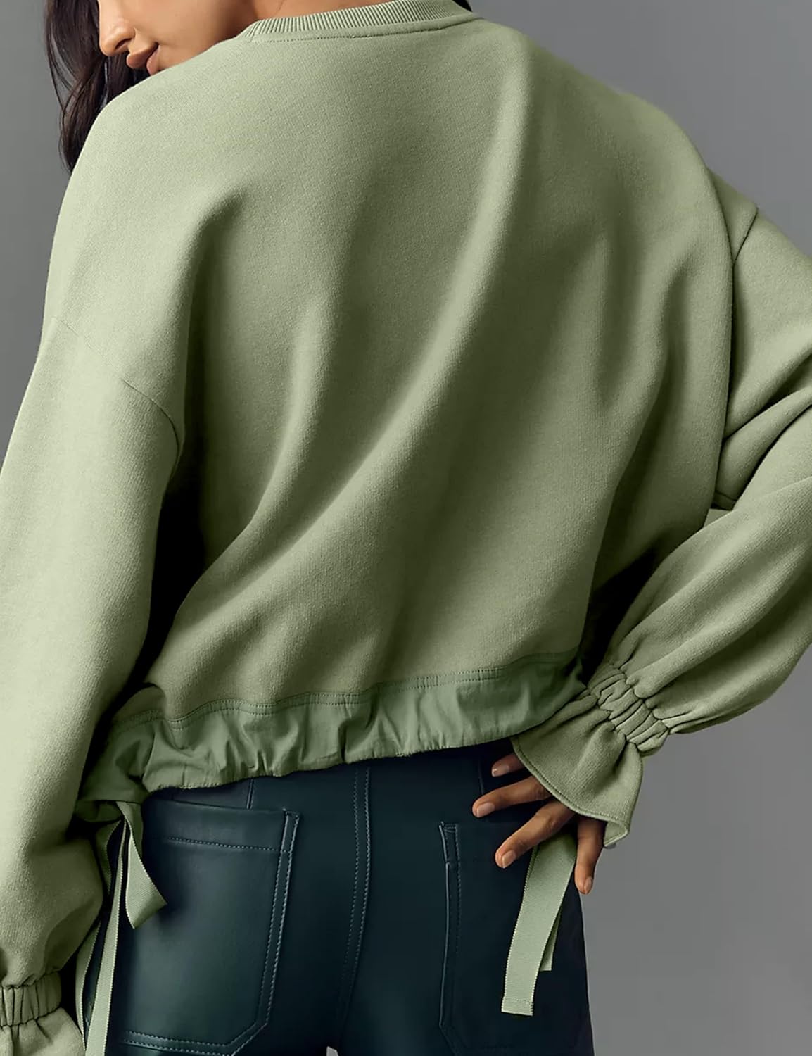 Women's Long Puff Sleeve Sweatshirt Drawstring Hem Crewneck Pullover Loose Solid Casual Tops - Image 3