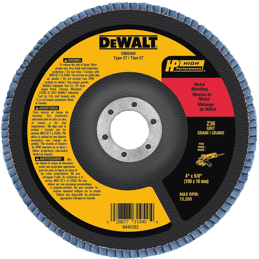 DEWALT DW8300 4-Inch 36 Grit Zirconia Angle Grinder Flap Disc with safety warnings
