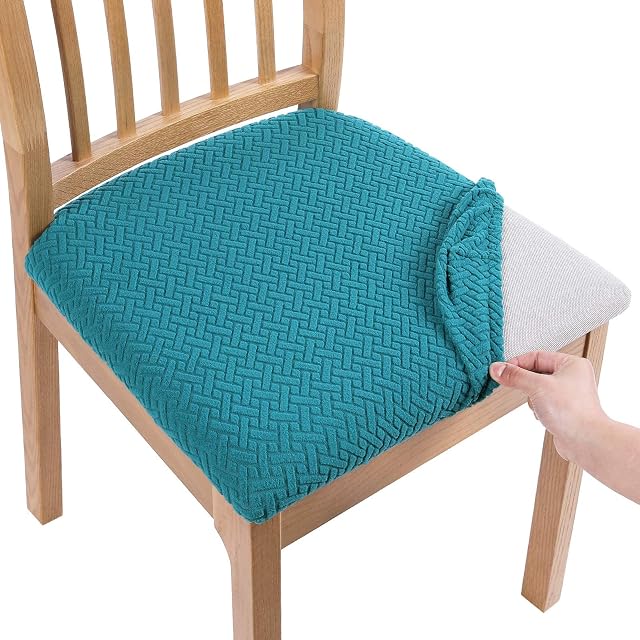 Homaxy Dining Chair Seat Covers Set of 2, Stretch Jacquard Dining Chair Slipcovers Seat Protector with Buckle for Dining Room Kitchen, Teal
