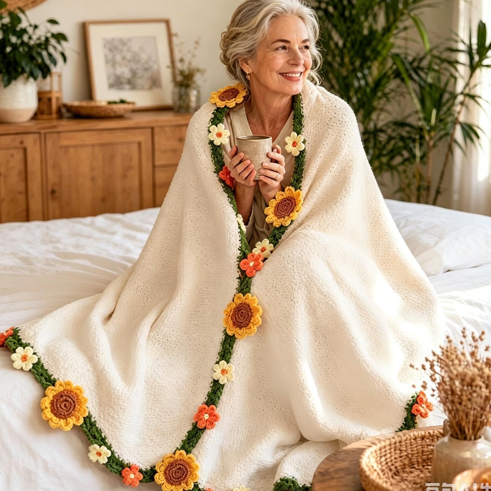 Coperta con bouquet di fiori – 80 cm lavorato a maglia girasole morbido filato – Bloomy Crochet Throw Blanket | per mamma, sorella, nonna, fidanzata, insegnante, festa della mamma, compleanno