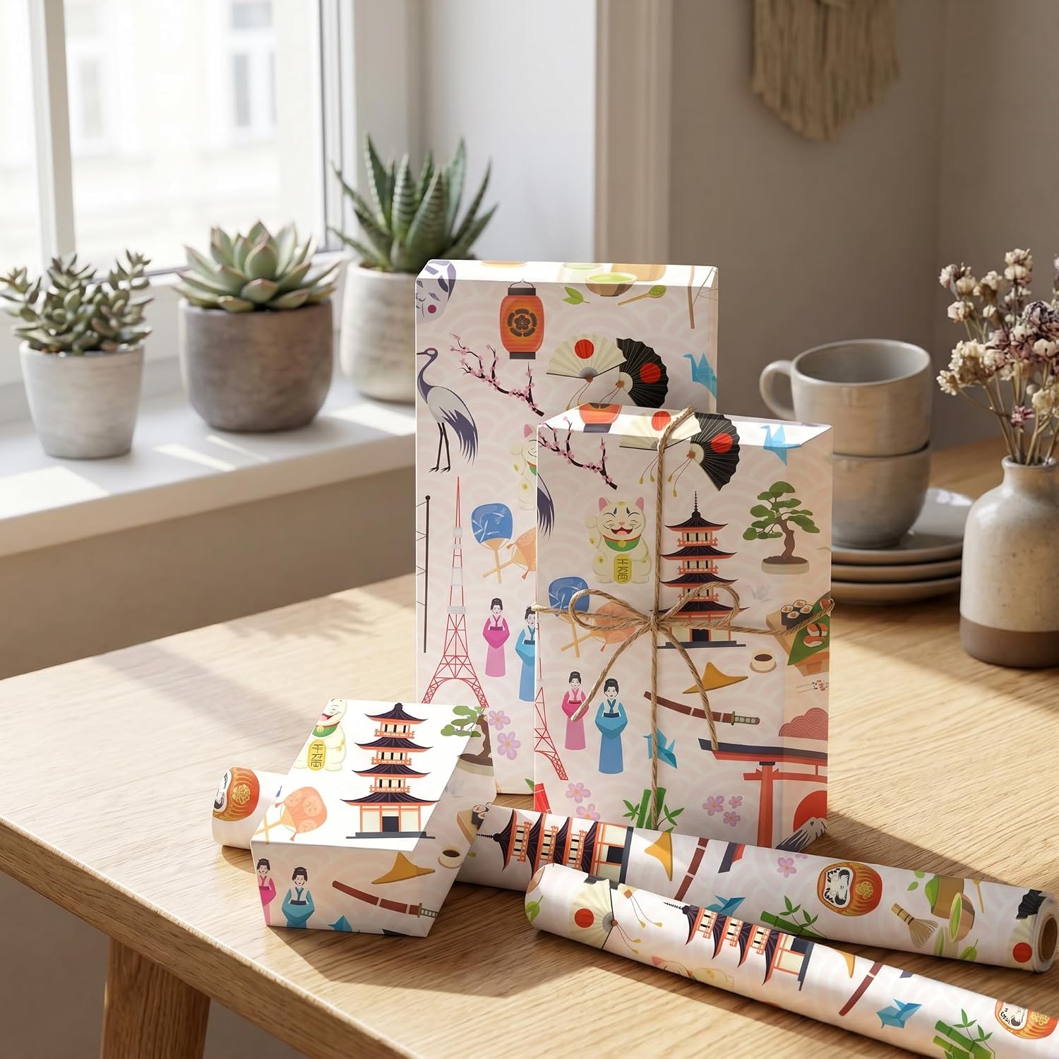 Joviwrap Japanese Wrapping Paper Roll, Japan Theme Gift Wrap Paper with Tokyo Tower, Torii Gate, Lucky Cat, Sakura Elements for Birthday, Wedding, Holiday, Party, DIY Crafts, 17 Inch x 16.4 Feet image 4