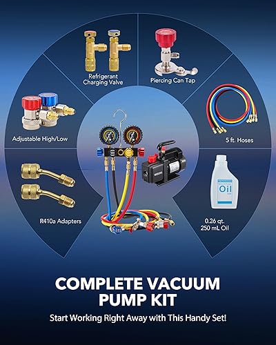 Miniatura 7 de 4.5cfm AC - Juego de bomba de vacío de 4 vías, 110 V 13 hp HVAC bomba de vacío de aire HVAC Kit de manómetro con 4 mangueras adaptadores accesorios