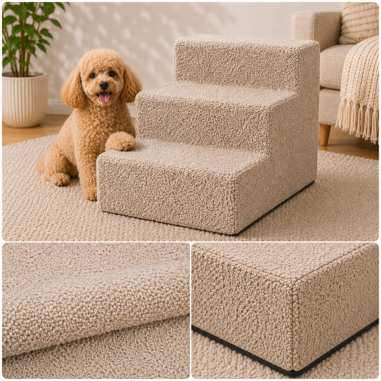 Muralo Escalier pour Chien 3 Marches 30 cm - Marchepied Antidérapant pour Petits Chiens et Chats, Jusqu’à 17 kg, Housse Bouclé Déhoussable et Lavable - Accès Facile au Canapé et au Lit (Beige)