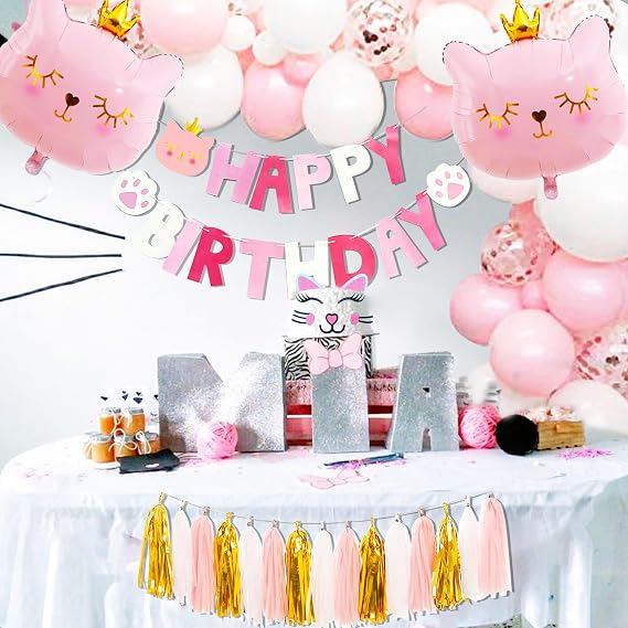 Pink Cat Birthday Party Decoration Cat Balloons | Cat Birthday MEOW Banner Meow Party Supplies Pink Cat Cake Decoration