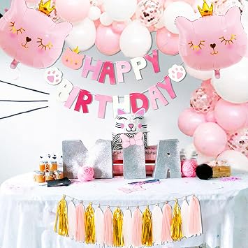 Pink Cat Birthday Party Decoration Cat Balloons | Cat Birthday MEOW Banner Meow Party Supplies Pink Cat Cake Decoration