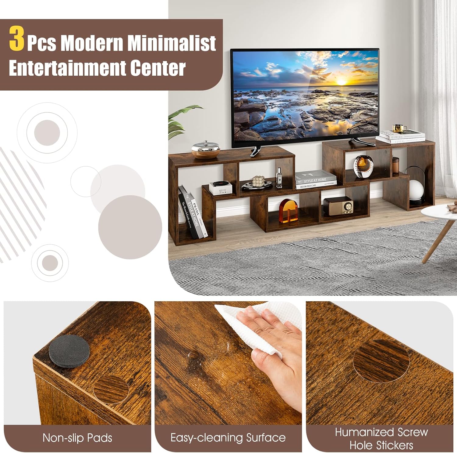 GOFLAME 3 Pieces TV Console Stand, Modern Entertainment Center for 50 55 60 65 Inch Flat Screen TV, Free Combination Bookcase for Storage & Display, Suitable for Living Room, Bedroom (Brown)