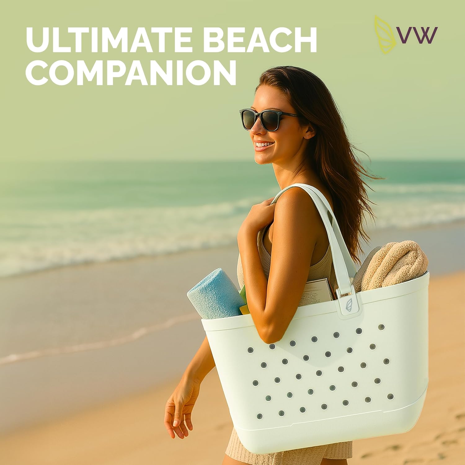 Large Rubber Beach Tote Bag - Waterproof Bag With Sand Proof Pouch For Beach, Travel, Pool (13.7" x 9.4" x 18.9")