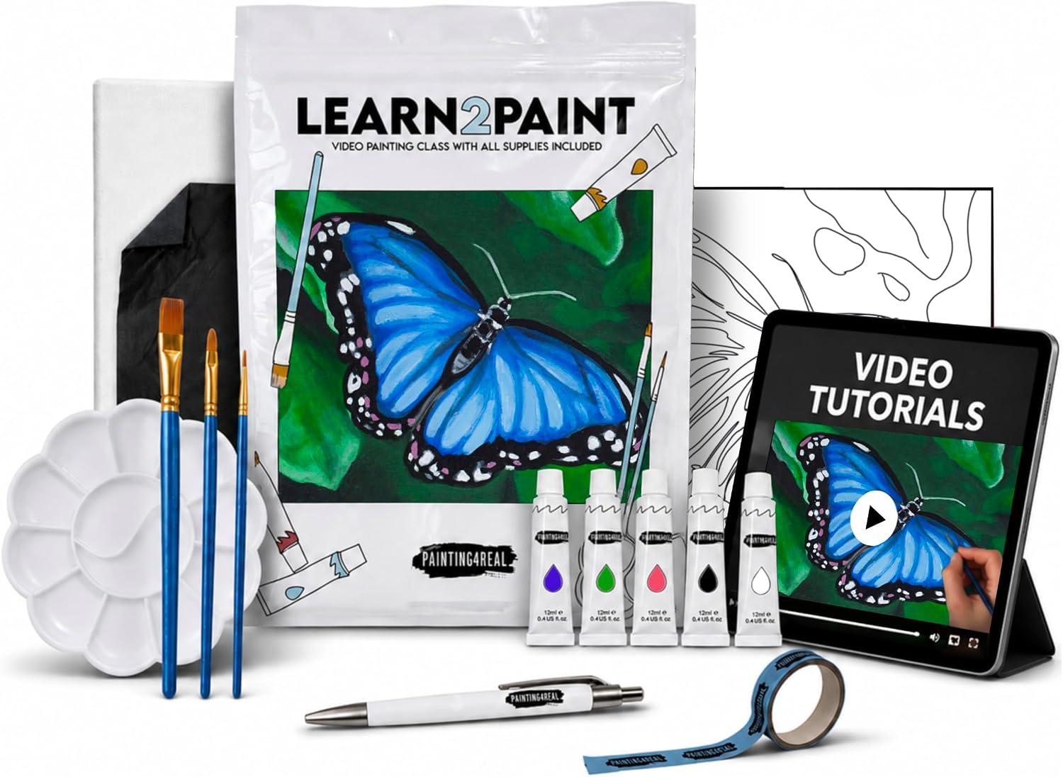 DIY Painting Class Kits for Adults with Video Tutorials, Learn to Paint Blue Butterfly, How to Paint with Acrylic Paint Sets for Adult, 9 Peices Art Set & Painting Supplies Gifts for Mom