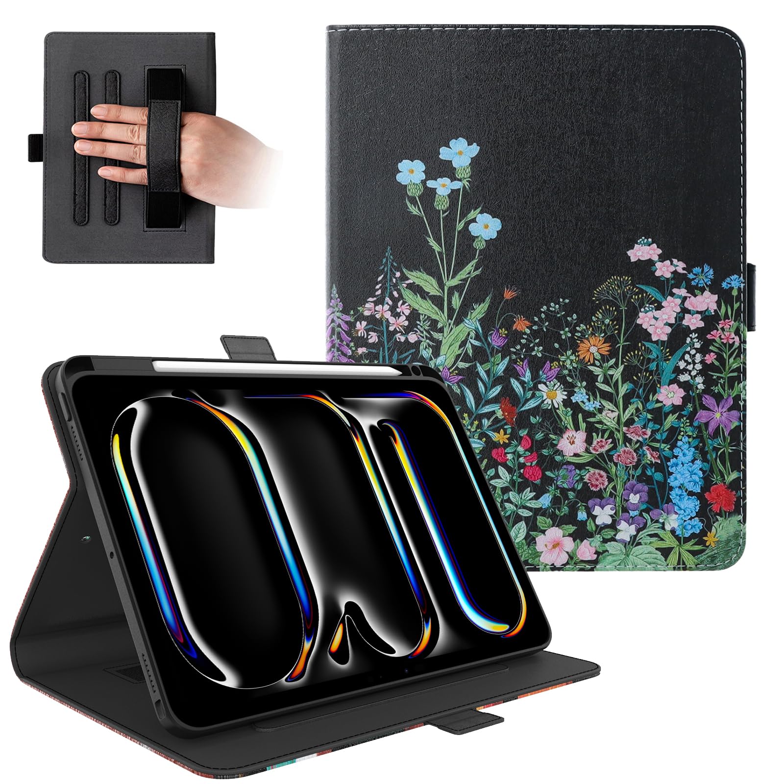 Dteck for iPad Pro 11 inch M4 Smart Folio Case 2024 with Pencil Holder/Hand Strap, Auto Sleep Wake, Adjustable Stand, Magnetic Closure, PU Leather Protective Cute Cover with Stylus, Colorful Blossom