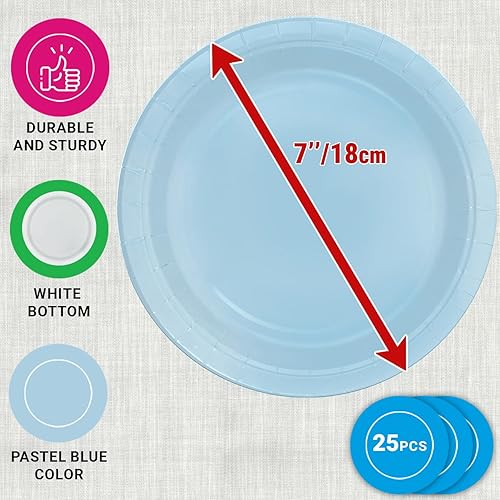 Miniatura 2 de CUSINIUM Paquete de 25 platos de papel azul pastel de 7 pulgadas, perfectos para postres, ideales para bodas, fiestas, baby showers