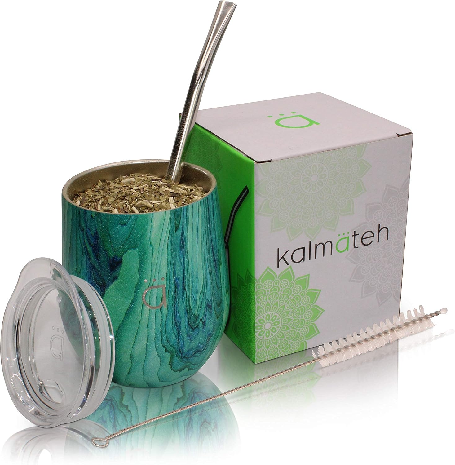 Kalmateh Yerba Mate Gourd - Double Walled Stainless Steel with BPA Free Lid, Bombilla Filter Straw & Bombilla Cleaner (Turquoise, 8 oz)