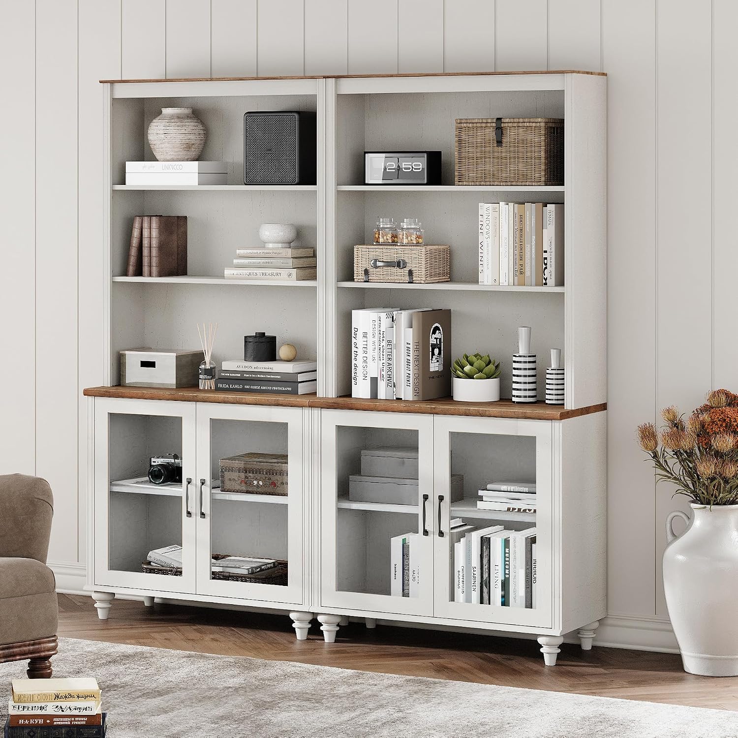 WAMPAT 5 Tier Wooden Bookcase 72" Tall Bookshelf with Adjustable Shelves and Storage Cabinet，Library Wood Bookshelves for Living Room, Study Room, Bedroom, White