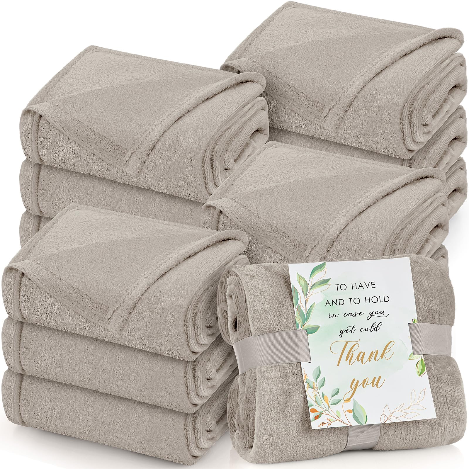 Buryeah 12 Pack Oeko-tex Certified Wedding Flannel Throw Blanket Bulk 50 x 60 Inch Soft Blanket with Thank You Cards Ribbon for Guests Spa Sleepover Favors (Camel)