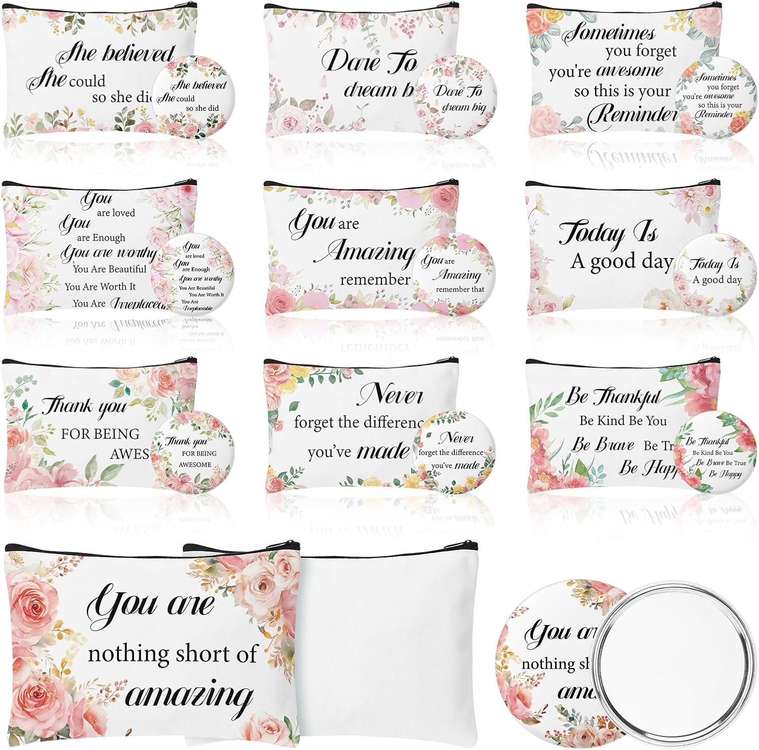 20 Pcs Floral Inspirational Gifts for Women Bulk Mothers Day Gifts Canvas Cosmetic Bags Compact Mirrors Makeup Bags Bulk Thank You Appreciation Gift for Church Mom Teachers Nurses Coworker Employee