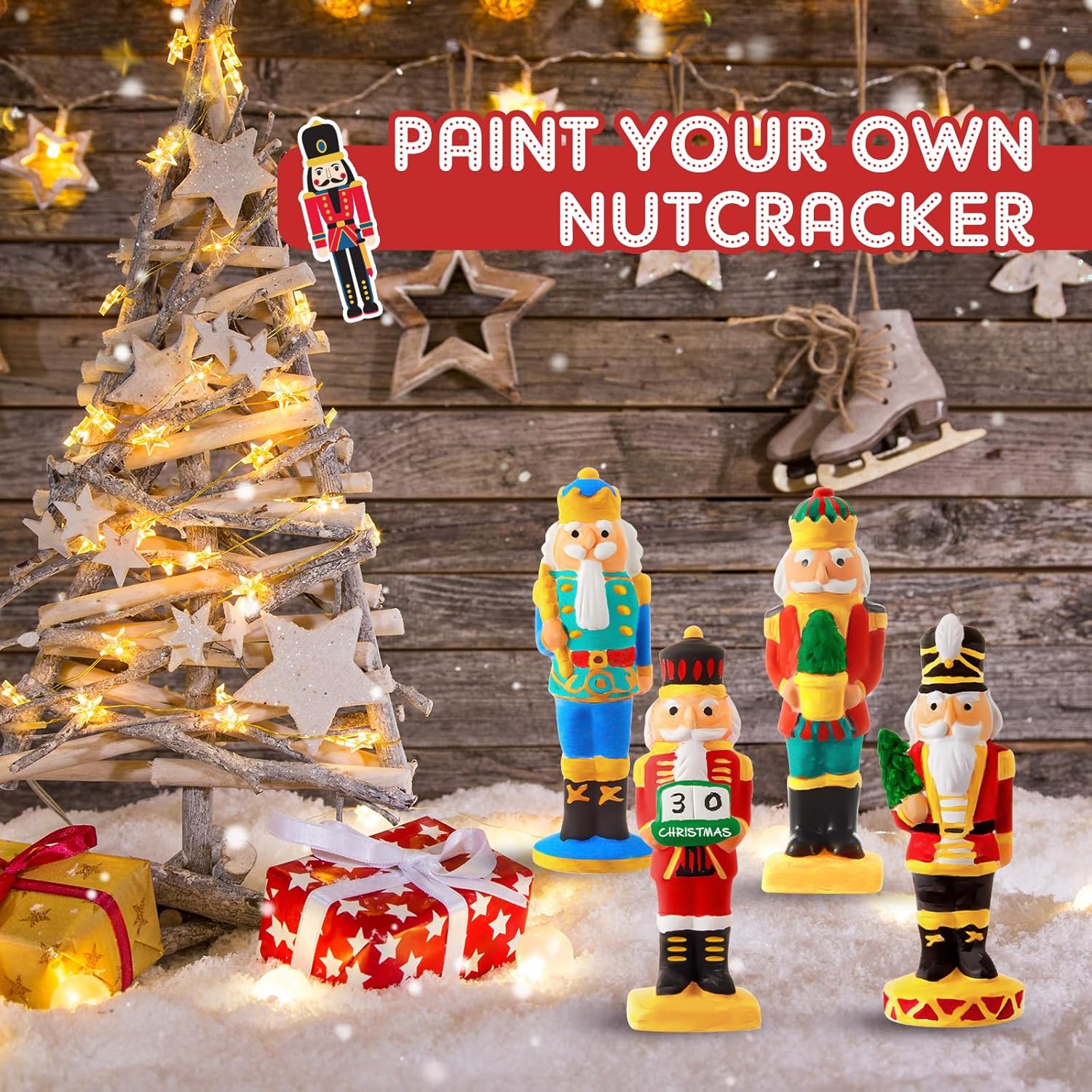 Watersay 8 Set Christmas Ceramic Nutcrackers to Paint Unpainted Figurines Craft Kit Include 8 Nutcracker Ceramic Blank DIY Puppet Soldier with Paints Brushes Palette for Xmas Keepsake Decoration