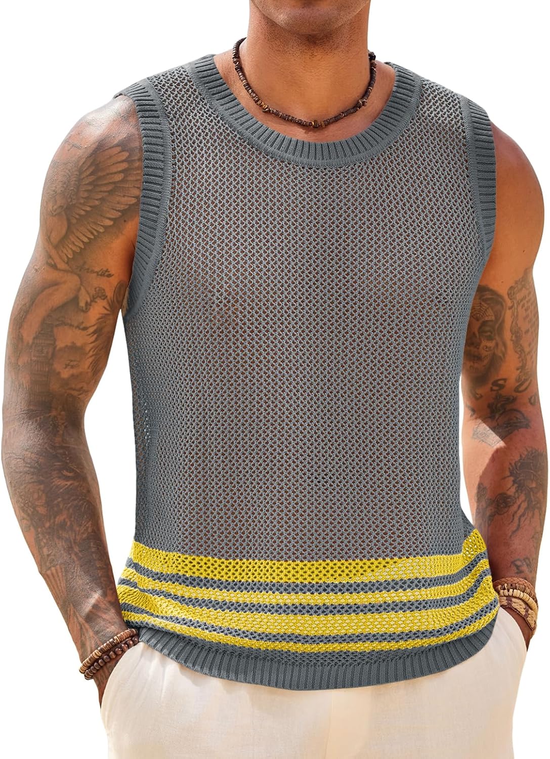 Runcati Mens Sleeveless Tank Tops Knitted Hollow Out Crochet T-Shirts Muscle Summer Beach Color Block Shirts