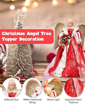 Angel Christmas Tree Topper with Lights, Red & Gold Angel, Lighted Vintage Christmas Tree Topper Decorations Holiday Home Office