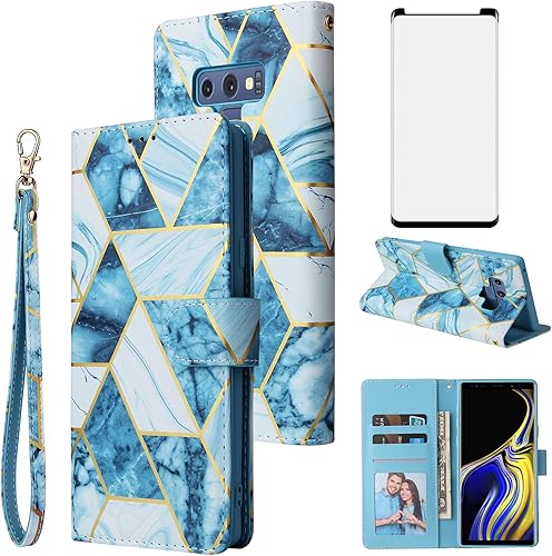 Asuwish Compatible con Samsung Galaxy Note 9 - Funda tipo cartera y protector de pantalla de vidrio templado, funda de cuero con tapa para