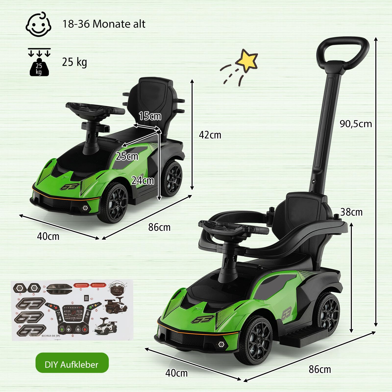 COSTWAY Rutschauto Lamborghini, Rutschfahrzeug mit Schiebstange & Stauraum, Schiebeauto mit Lenkrad & Hupe & Motorsound, 3-in-1 Rutscher Auto für Kinder ab 1 Jahr (Grün)