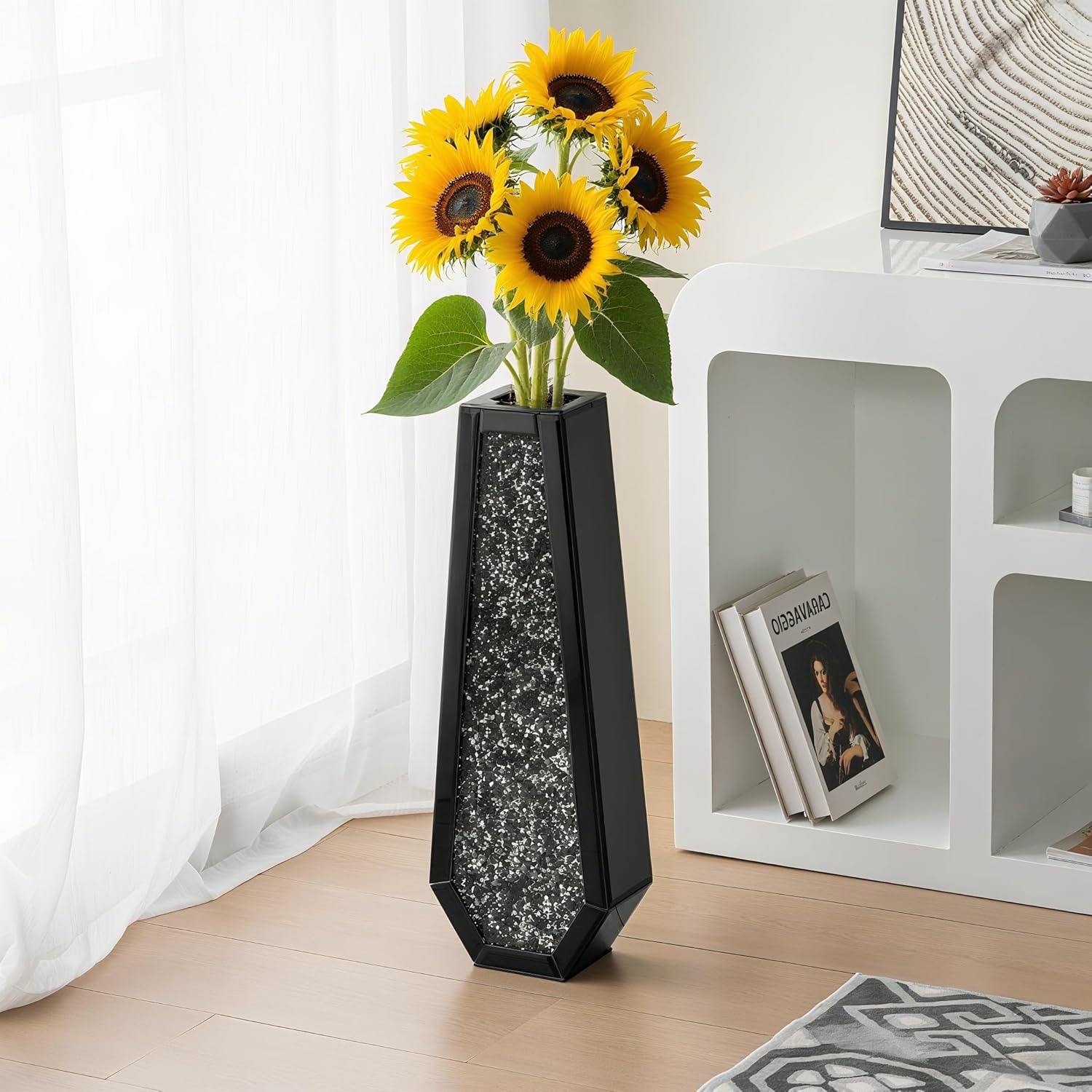 SHYFOY 24" Black Floor Vase, Black Crushed Diamond Tall Vases for Floor, Elegant Black Crystal Glass Vase for Pampas Grass Mirrored Decorative Flower Vase for Office Home Decor