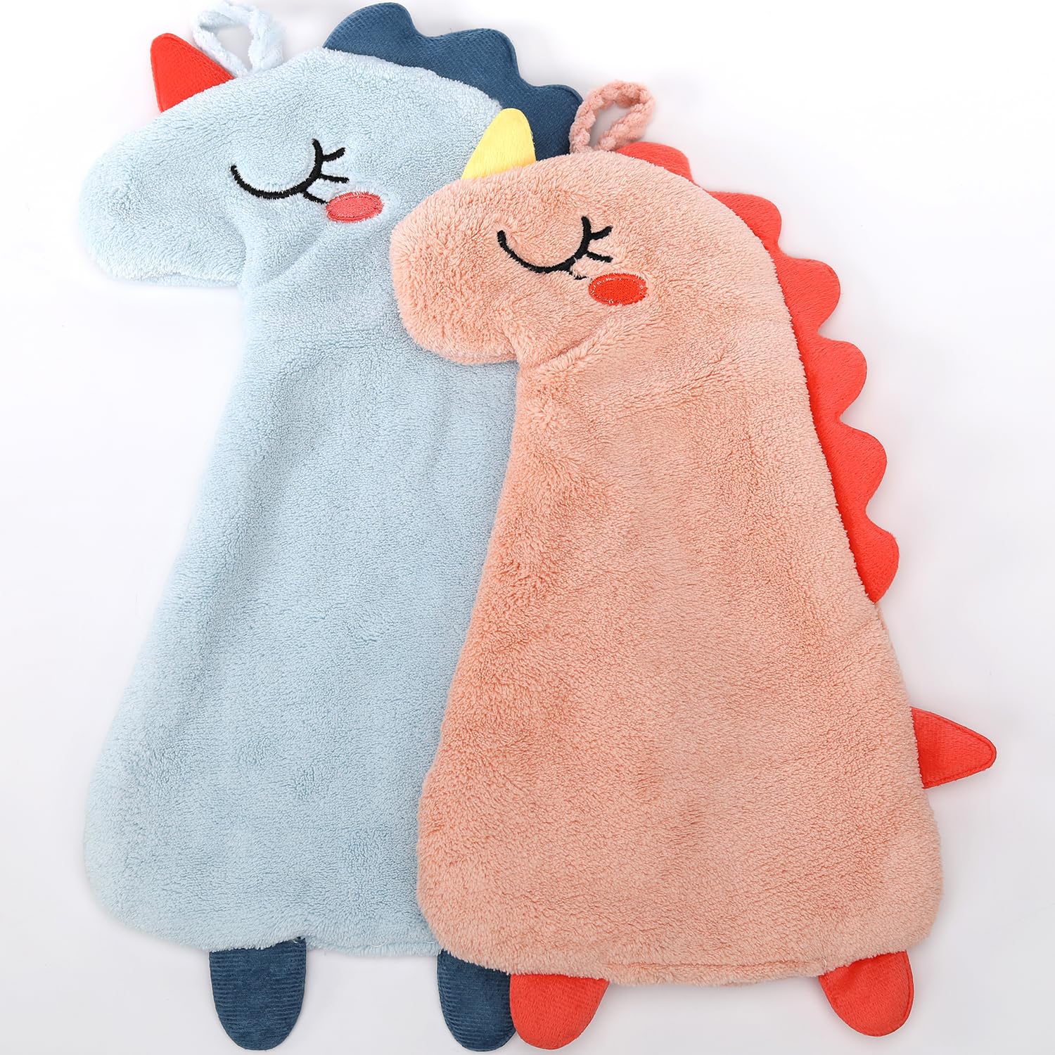 IFITTING珊瑚绒擦手巾，升级版柔软吸水厚擦手巾，带挂环，可挂于厨房&浴，儿童可用，恐龙款 2只