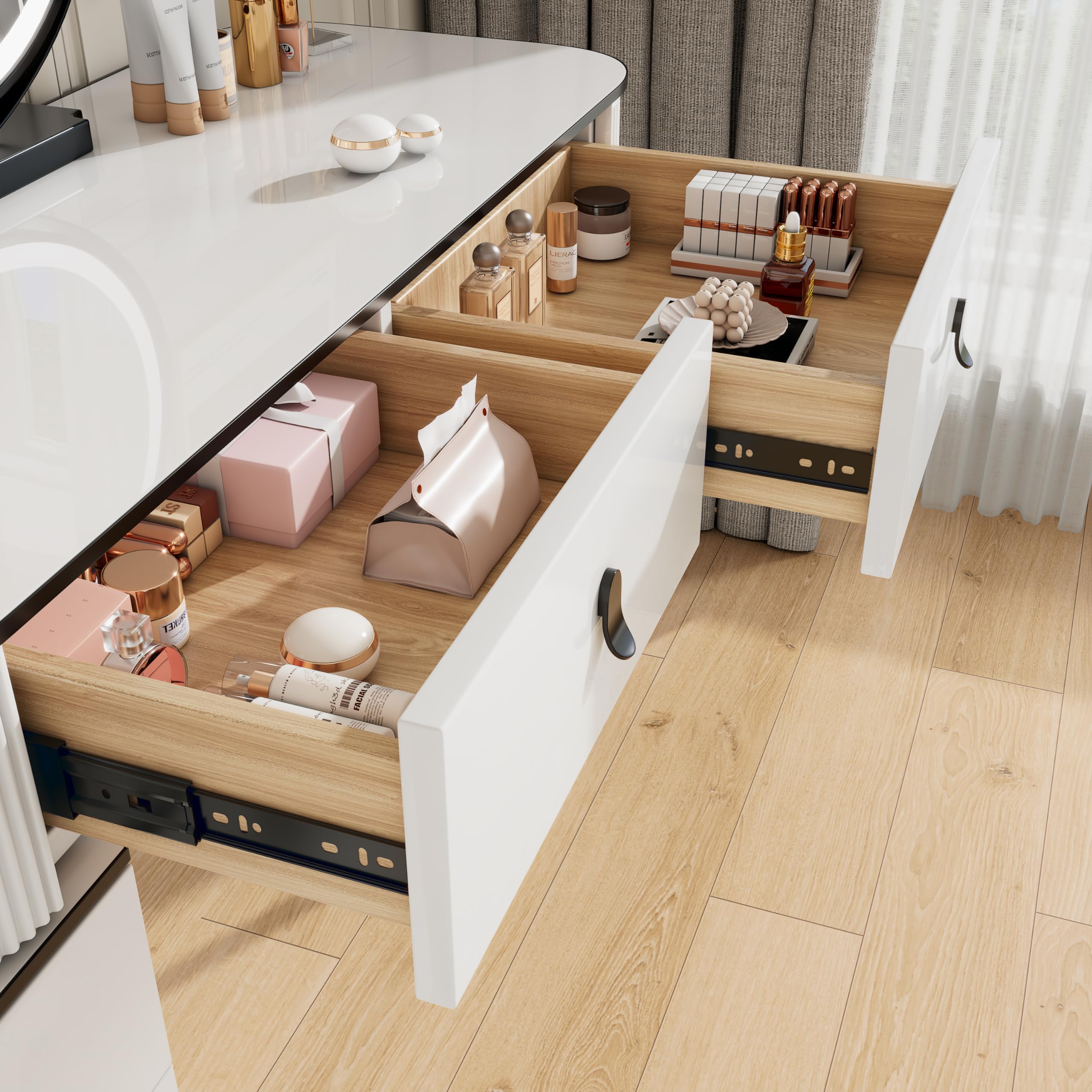 WOLTU Schminktisch mit Spiegel LED & Beleuchtung, 3 Lichtfarben, Moderner Frisiertisch mit 5 Schubladen, 2-in-1 Schreibtisch, Flexibler Unterschrank, für Schlafzimmer, auz Holz, in Weiß+Schwarz