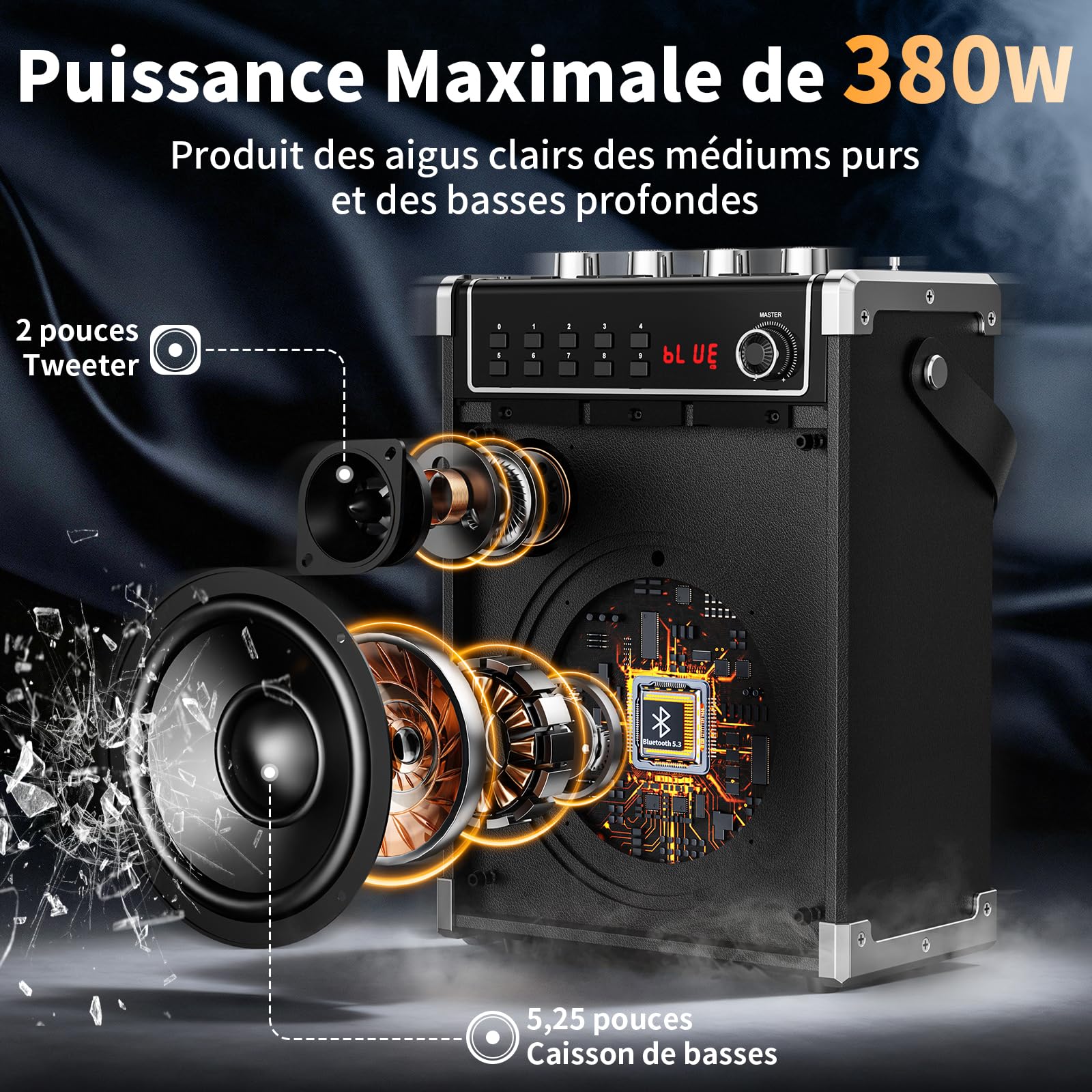 JYX Machine Karaoke Adulte, 380W Puissance, Enceintes Karaoké Professionnelles avec 2 Micro sans Fil et Lumières Fête DJ, Système karaoké Portable Compatible TWS/AUX/FM/USB/TF, Noir