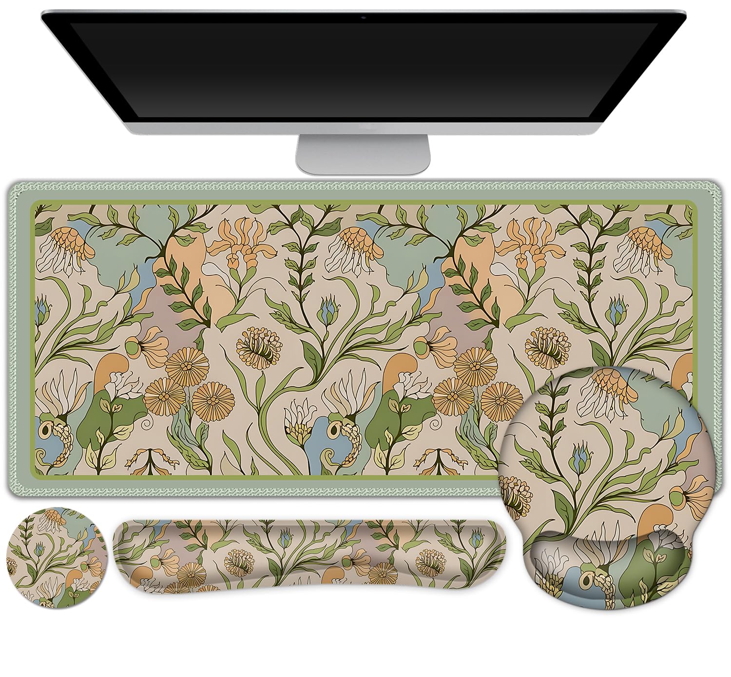 AIMSA Grand tapis de souris ergonomique avec repose-poignet, tapis de souris de jeu avec support de poignet, tapis de clavier combo accessoires de décoration de bureau, plantes abstraites à fleurs