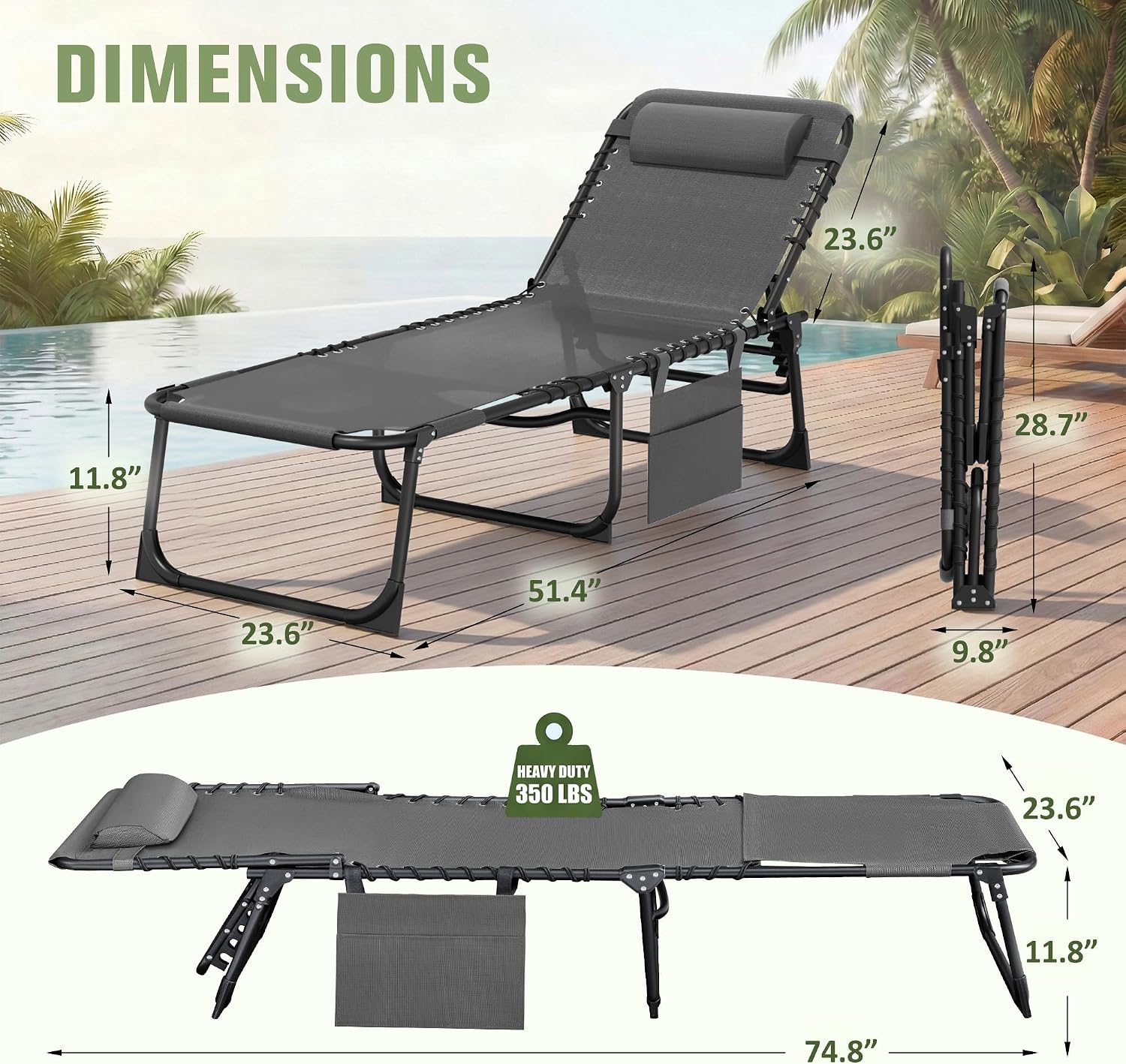 Devoko 2 Pack Beach Lounge Chair, Outdoor Sun Tanning Chair with Face Hole, Heavy Duty Folding Portable Lay Chaise Lounge Chairs for Outside Beach Pool Camping Patio, Grey