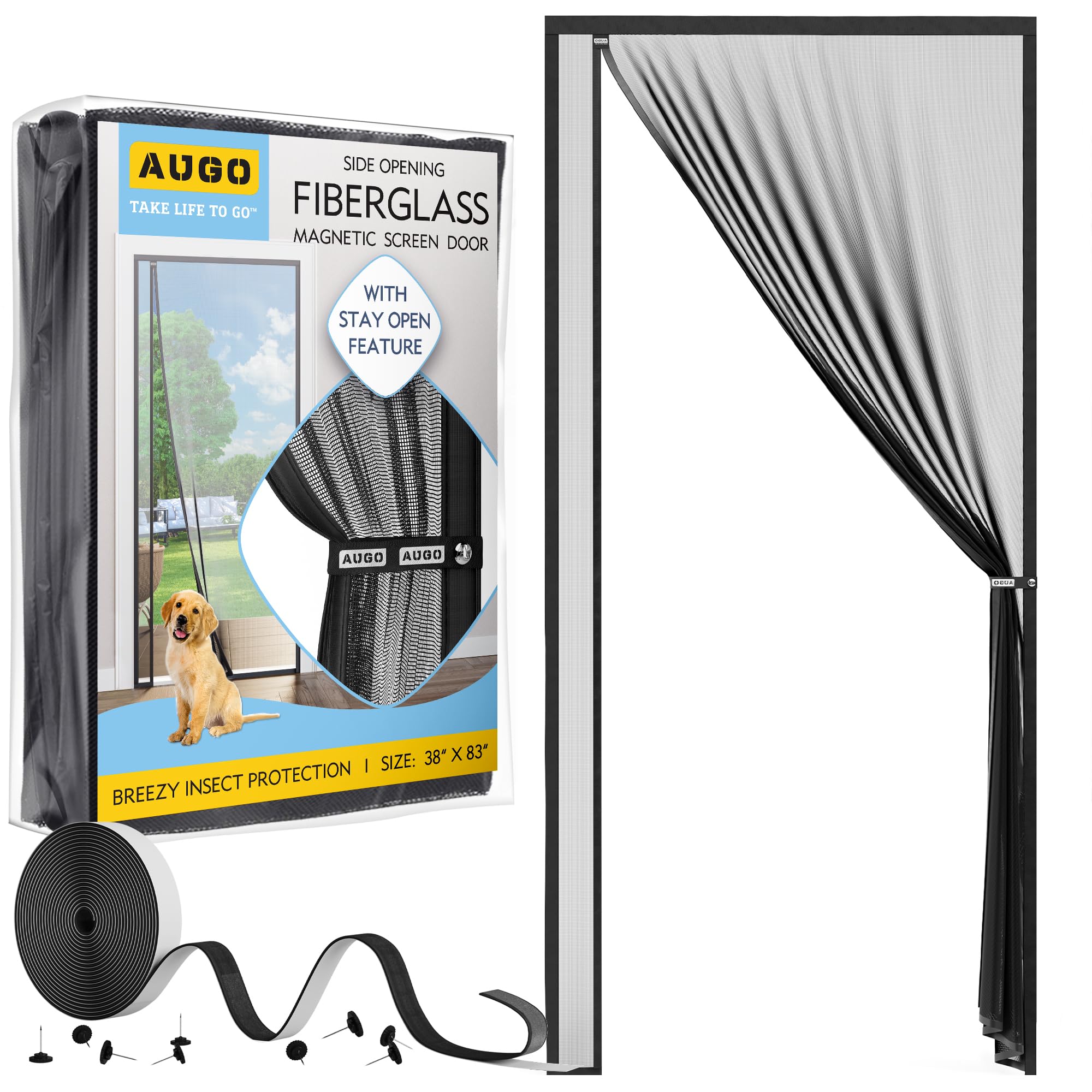 AUGO Fiberglass Magnetic Screen Door Reversible Left Right Side Opening - Self Sealing, Heavy Duty, Hands Free, Keeps Bugs Out - Pet and Kid Friendly - Patent Pending Keep Open Feature – 38” x 83”