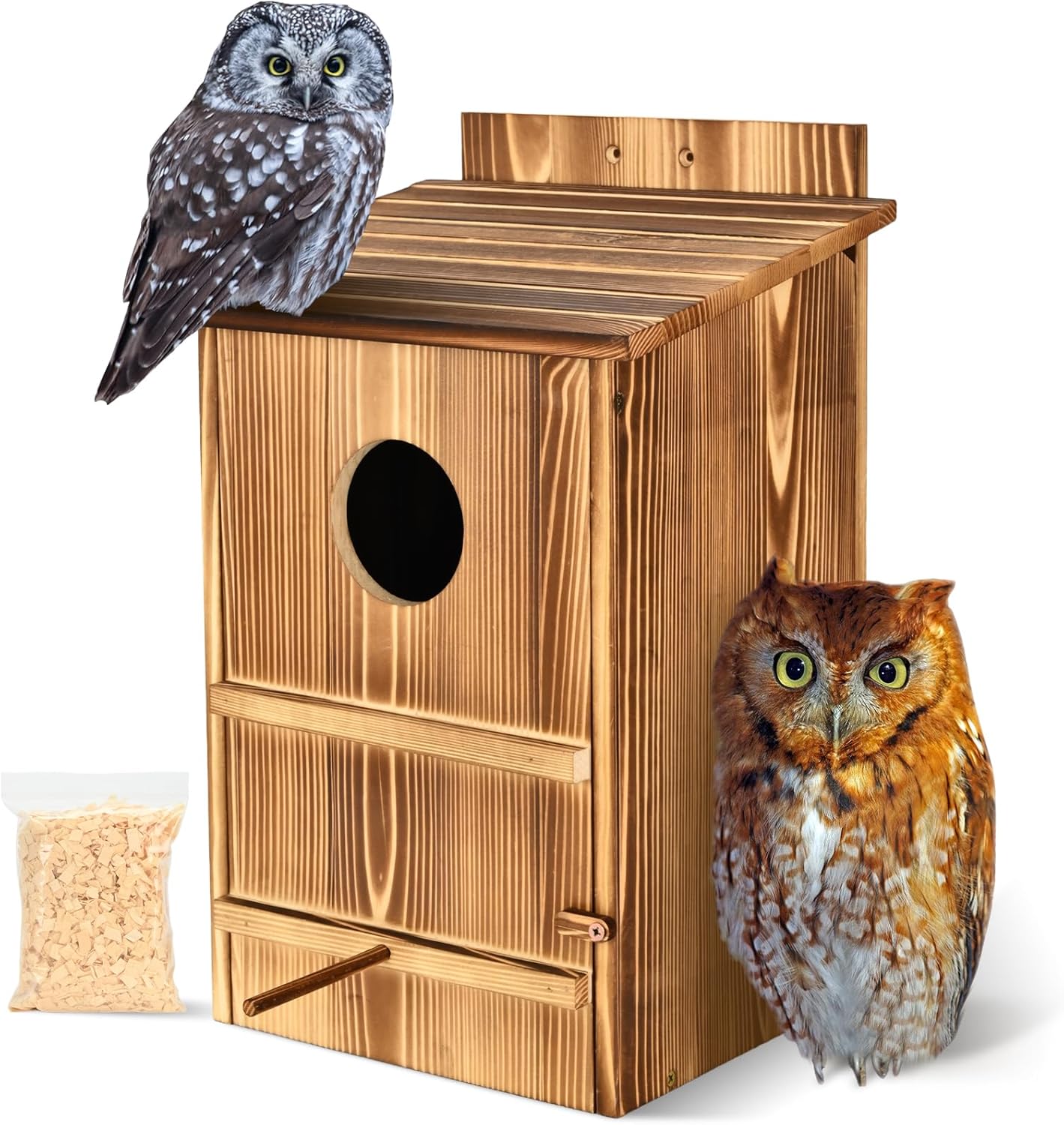 Screech Owl Box, Large 17"x9.5"x8.5" Owl House for Outside Handmade Cedar Wood, Owls Nesting Box for Screech and Saw-whet Owls with Mounting Screws Wood Shavings Assemble Easily